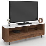 ID MARKET Meuble TV 140 cm MARLA noyer effet lattes 2 tiroirs et plateau marbre blanc ALASKA