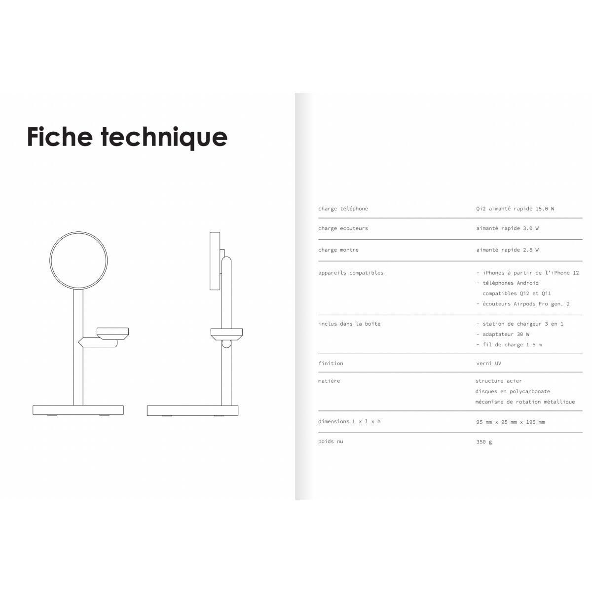 CASYX Chargeur 3 en 1  Charge rapide Qi2 gris