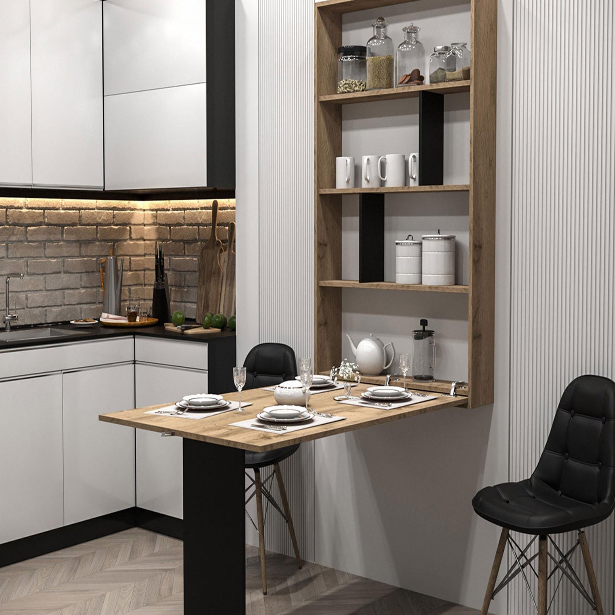 Voir la diapositive 3 : BEST MOBILIER Mondrian - table murale rabattable avec rangements - 4 personnes