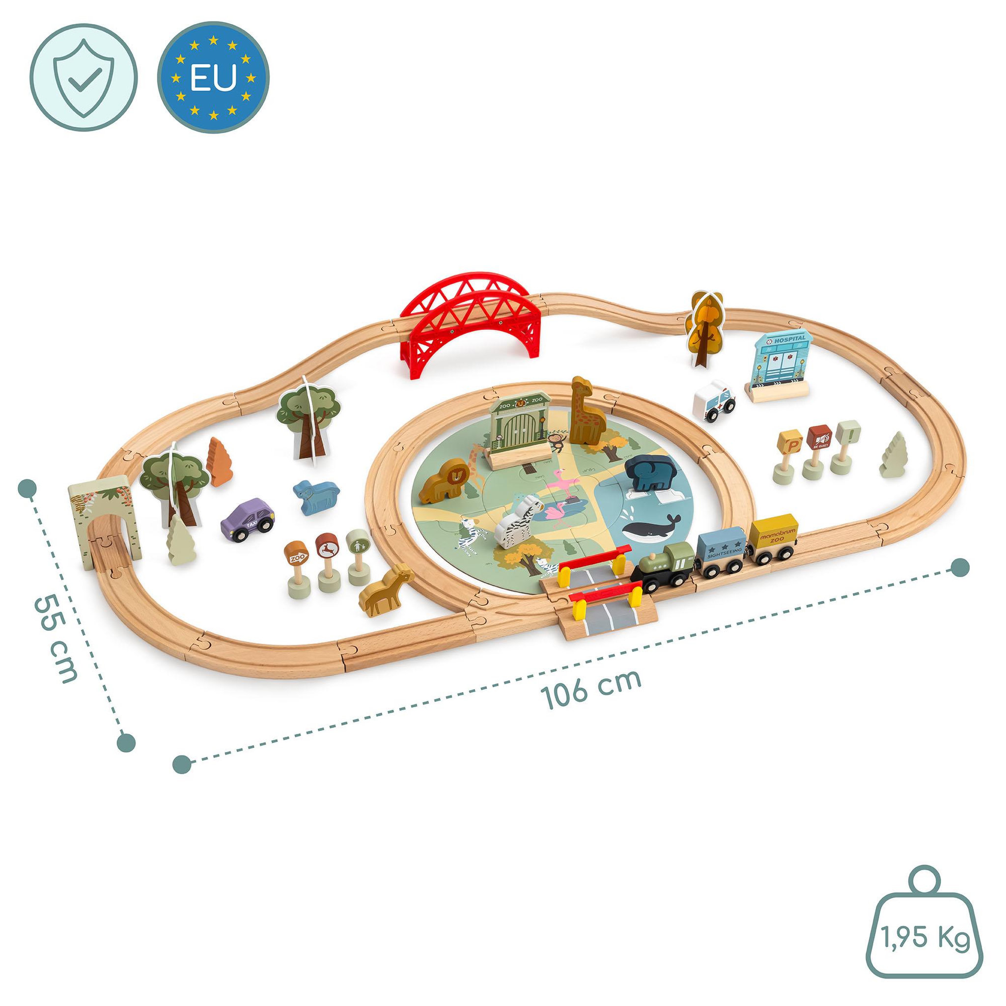 Voir la diapositive 3 : MAMABRUM Circuit Train Bois Enfant Mamabrum Rail Zoo Safari Puzzle 106x55 cm Jouet 3 Ans