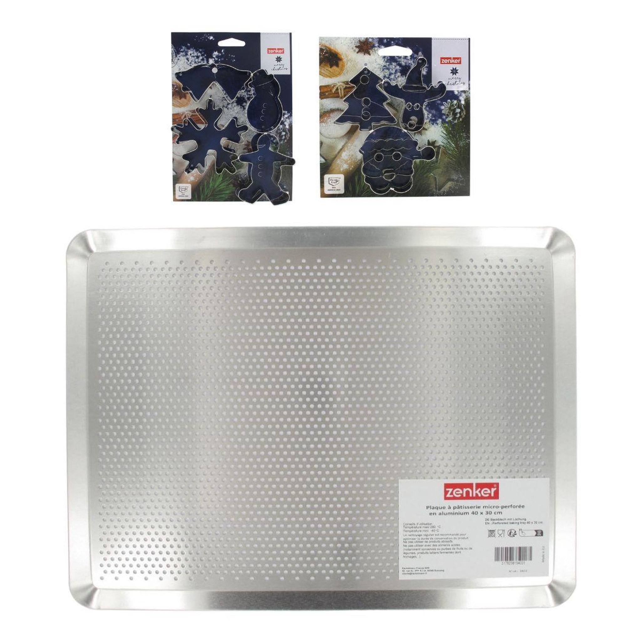 Voir la diapositive 4 : ZENKER Plaque de cuisson four microperforée de 40 x 30 cm et 7 emporte-pièces de noël inox zenker noël
