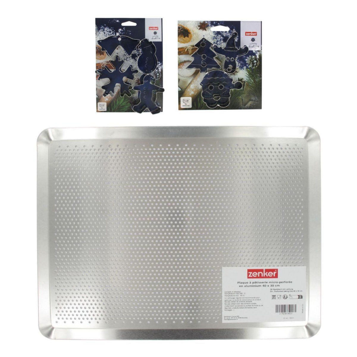 ZENKER Plaque de cuisson four microperforée de 40 x 30 cm et 7 emporte-pièces de Noël inox Zenker Noël