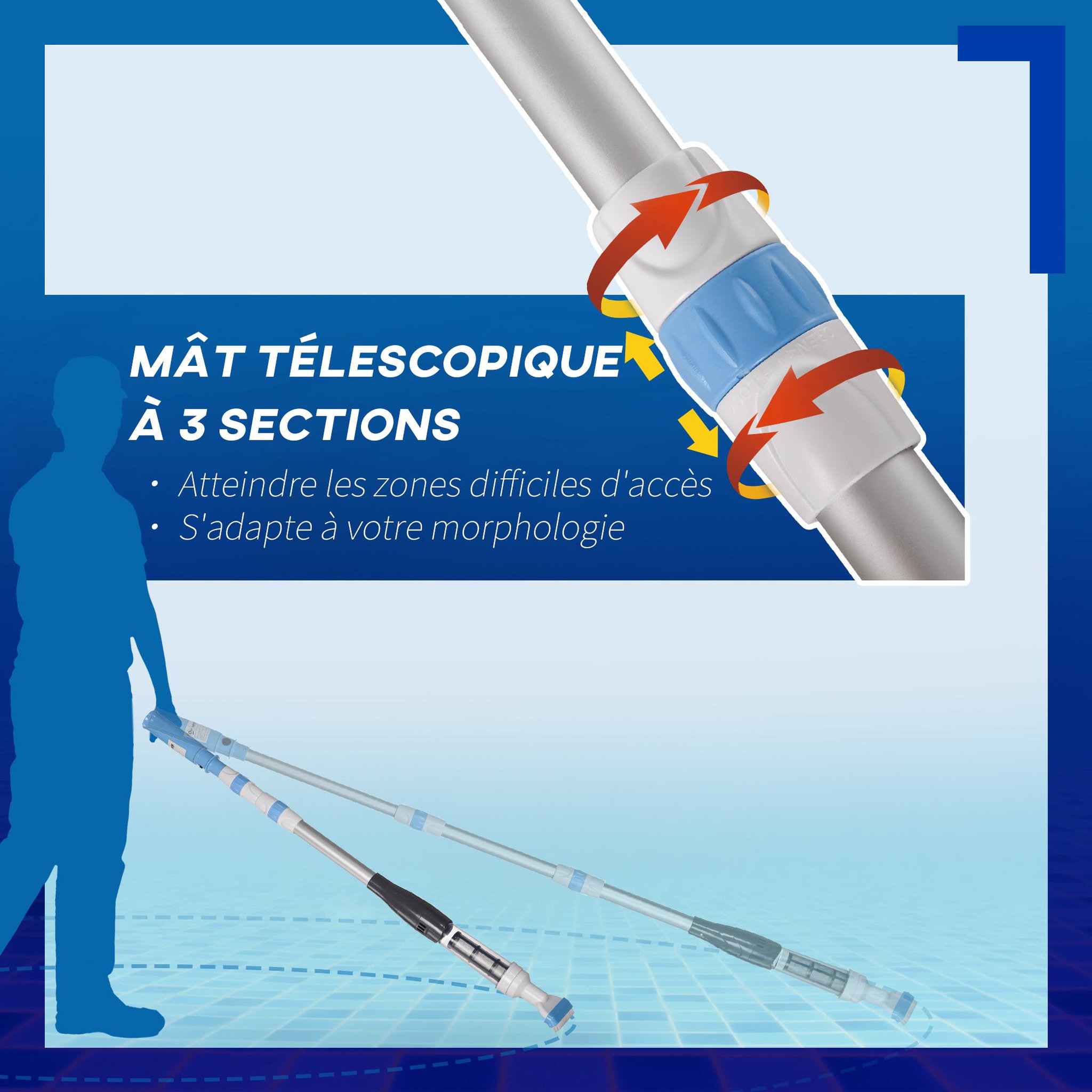 Voir la diapositive 5 : OUTSUNNY Aspirateur balai électrique sans fil piscine spa - manche télescopique 106-162 cm - brosse, sac filtrant - ABS alu. - blanc bleu