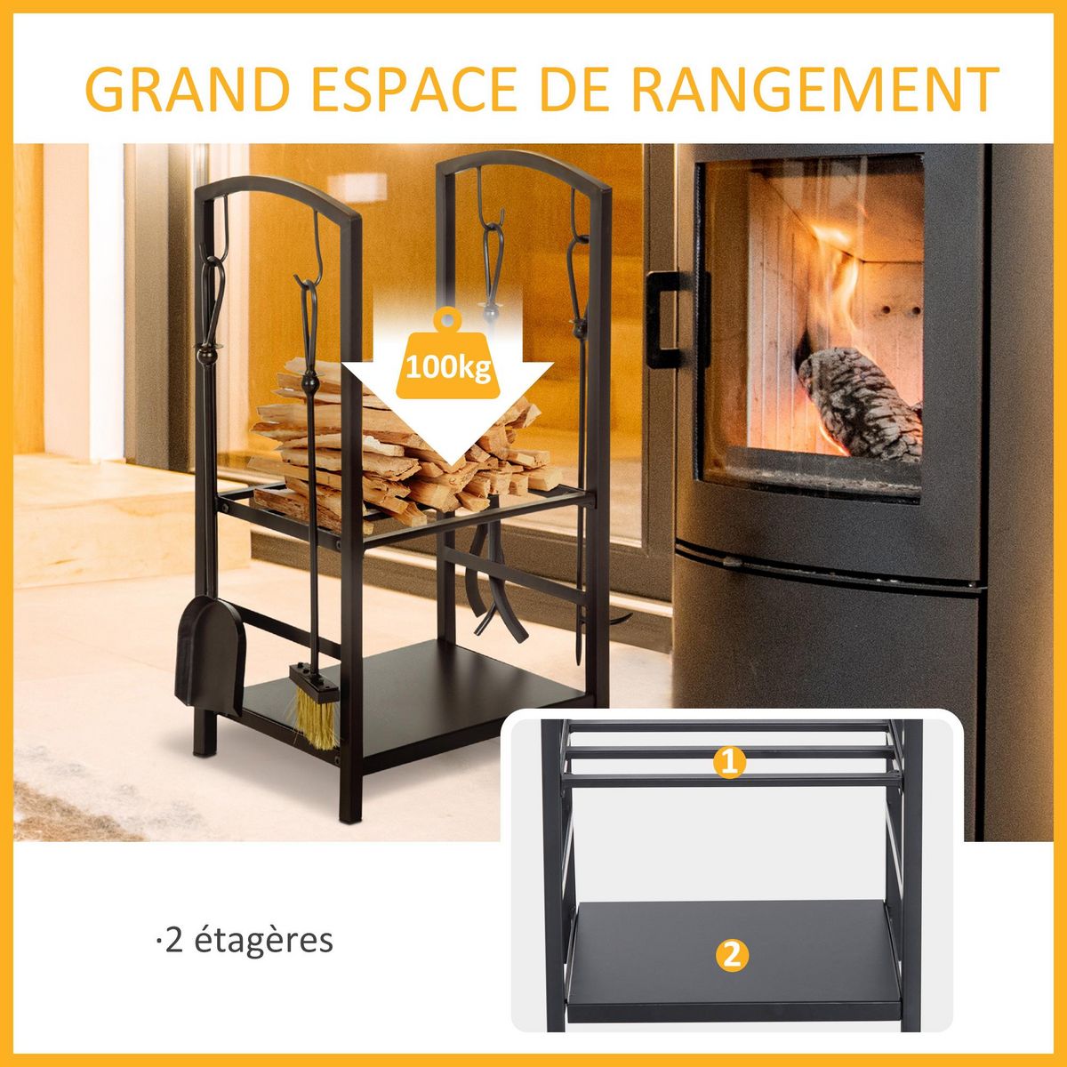 OUTSUNNY Serviteur de cheminée - porte bûches - range bûches multi accessoires 2 étagères 40L x 30l x 75H cm métal noir