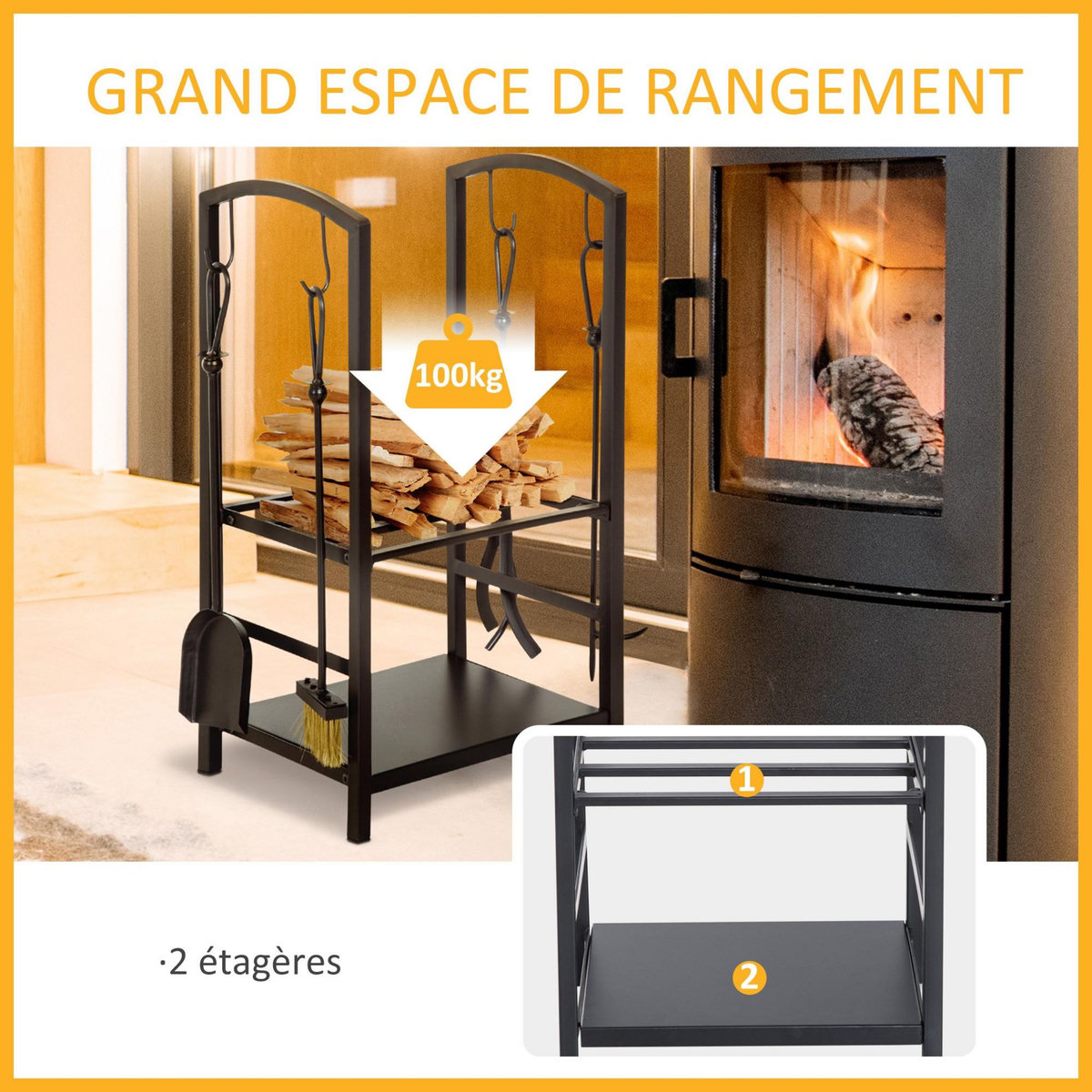 OUTSUNNY Serviteur de cheminée - porte bûches - range bûches multi accessoires 2 étagères 40L x 30l x 75H cm métal noir