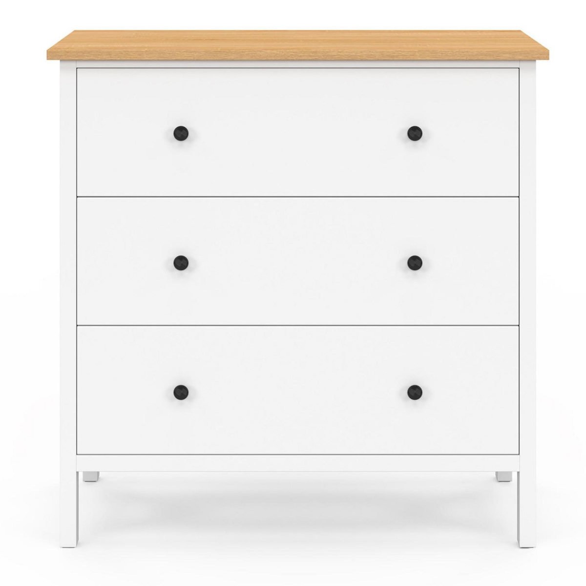 ID MARKET Commode 3 tiroirs ACHILLE 80 cm bois blanc plateau bois