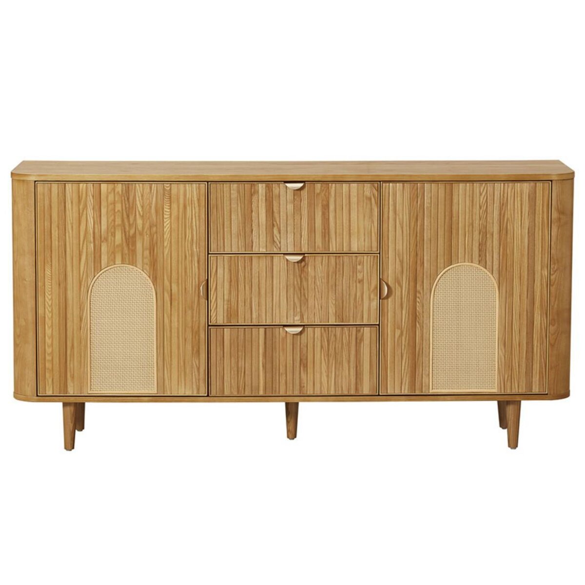 LISA DESIGN Milazzo - buffet bas - bois plaqué chêne et cannage - 3 tiroirs et 2 portes - 160 cm