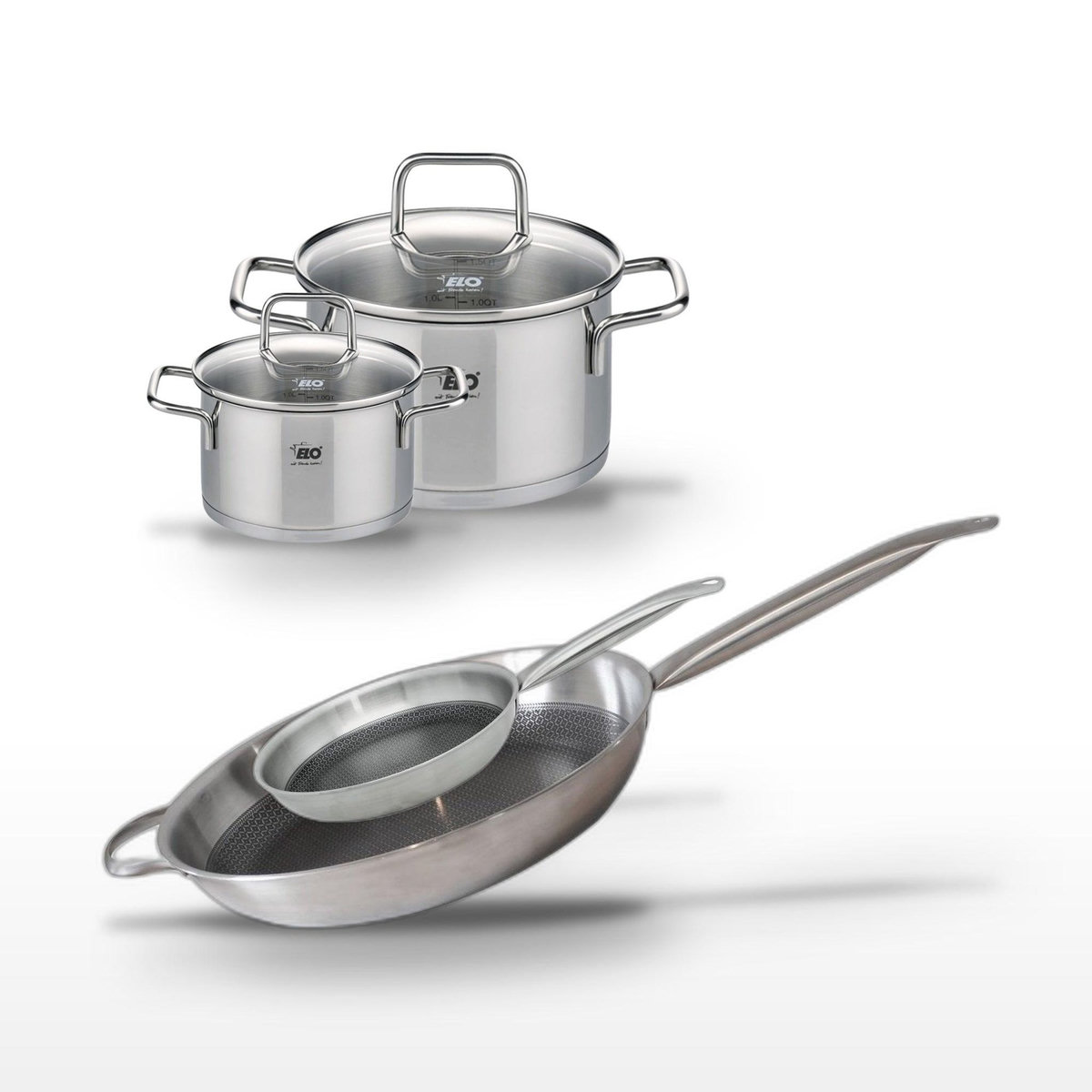 ELO Lot 2 Poêles 32/24 cm et 2 Faitouts 20/14 cm Elo Relief Solution