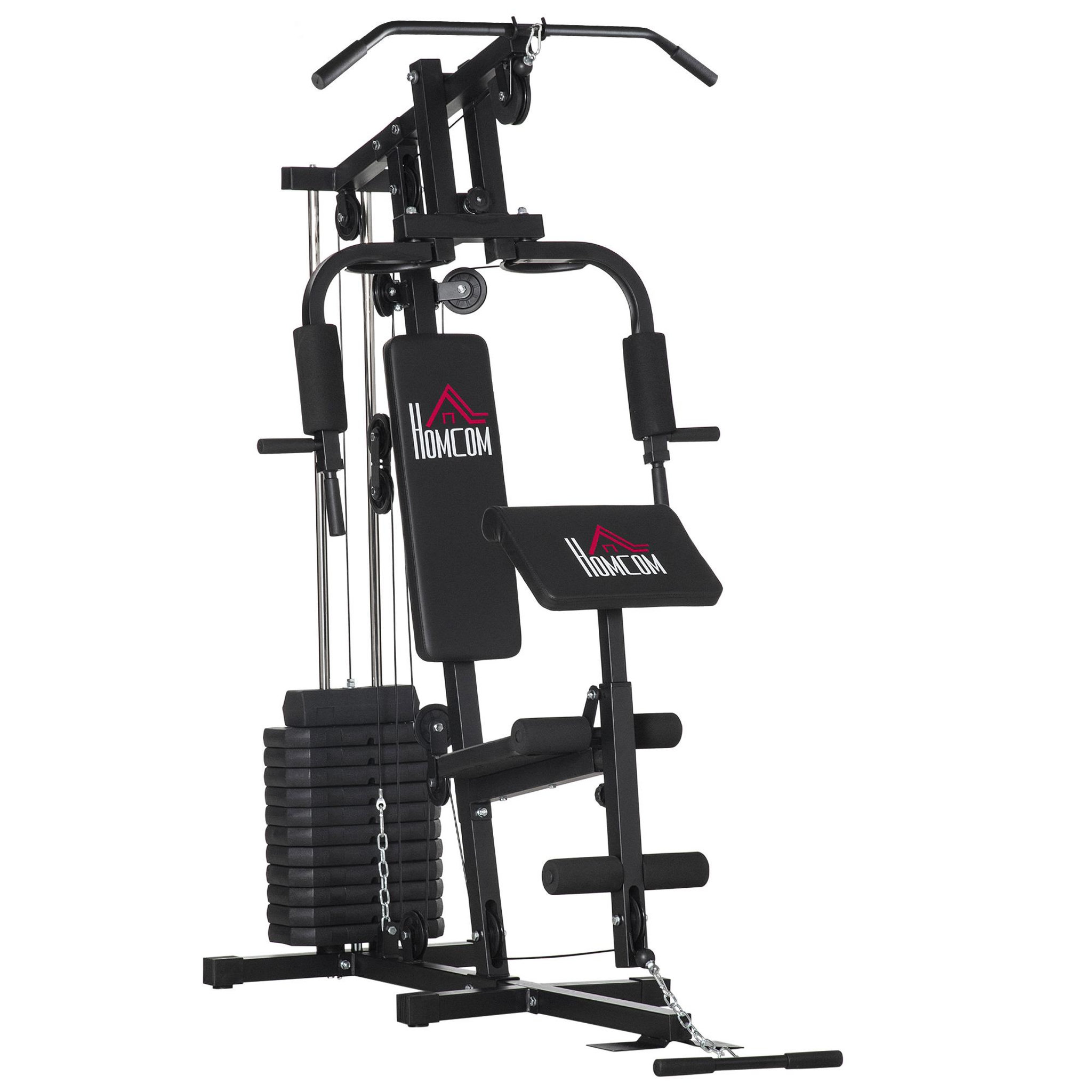 Voir la diapositive 1 : HOMCOM Station de musculation - entrainement complet - développé couché, butterfly, barre latissimus, curler, bande résistance - 11 contrepoids - acier noir