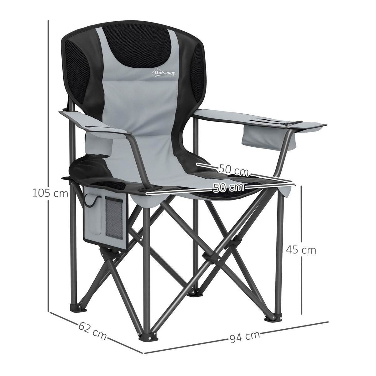 OUTSUNNY Chaise de camping pliante rembourrée - porte-gobelets, poches latérales rangement, sac isotherme - sac transport inclus - gris noir