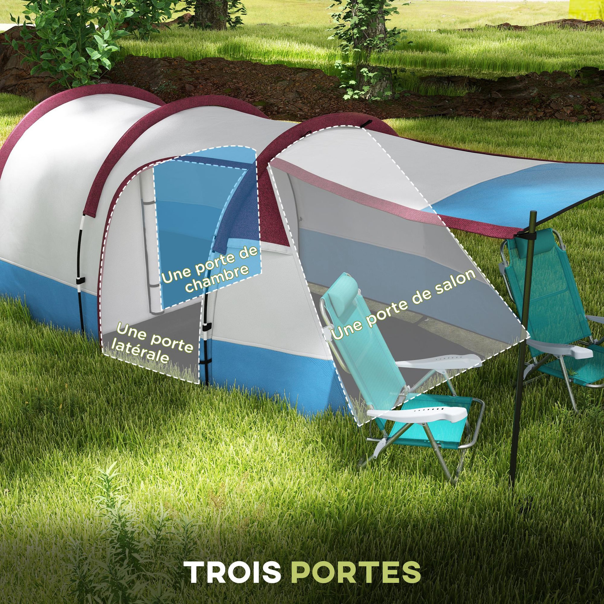 Voir la diapositive 5 : OUTSUNNY Tente de camping 2-3 pers. Porche étanche 2000 mm 3 portes sac de transport rouge