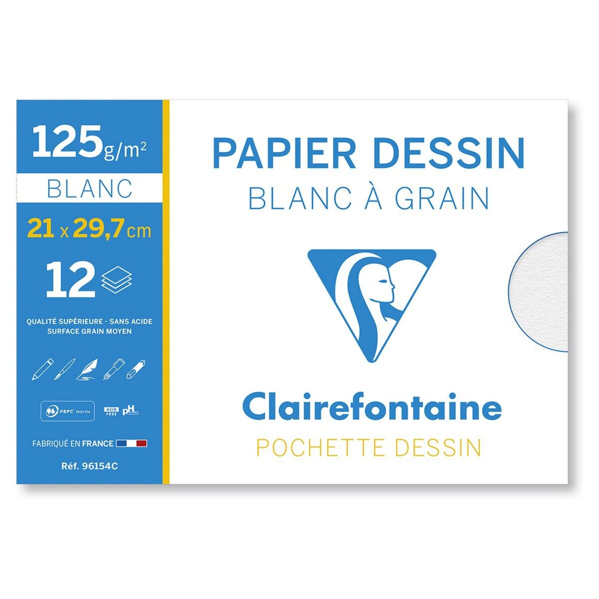 CLAIREFONTAINE Pochette papier à dessin 12 feuilles A4 125g/m2 blanc
