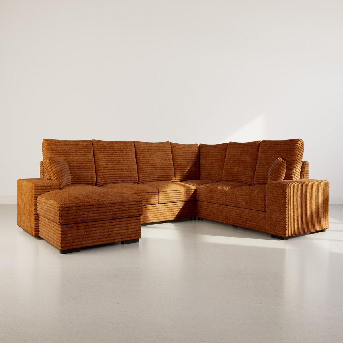 BEST MOBILIER Lorie - canapé panoramique d'angle droit 7 places convertible en velours côtelé grosse côte avec coffre