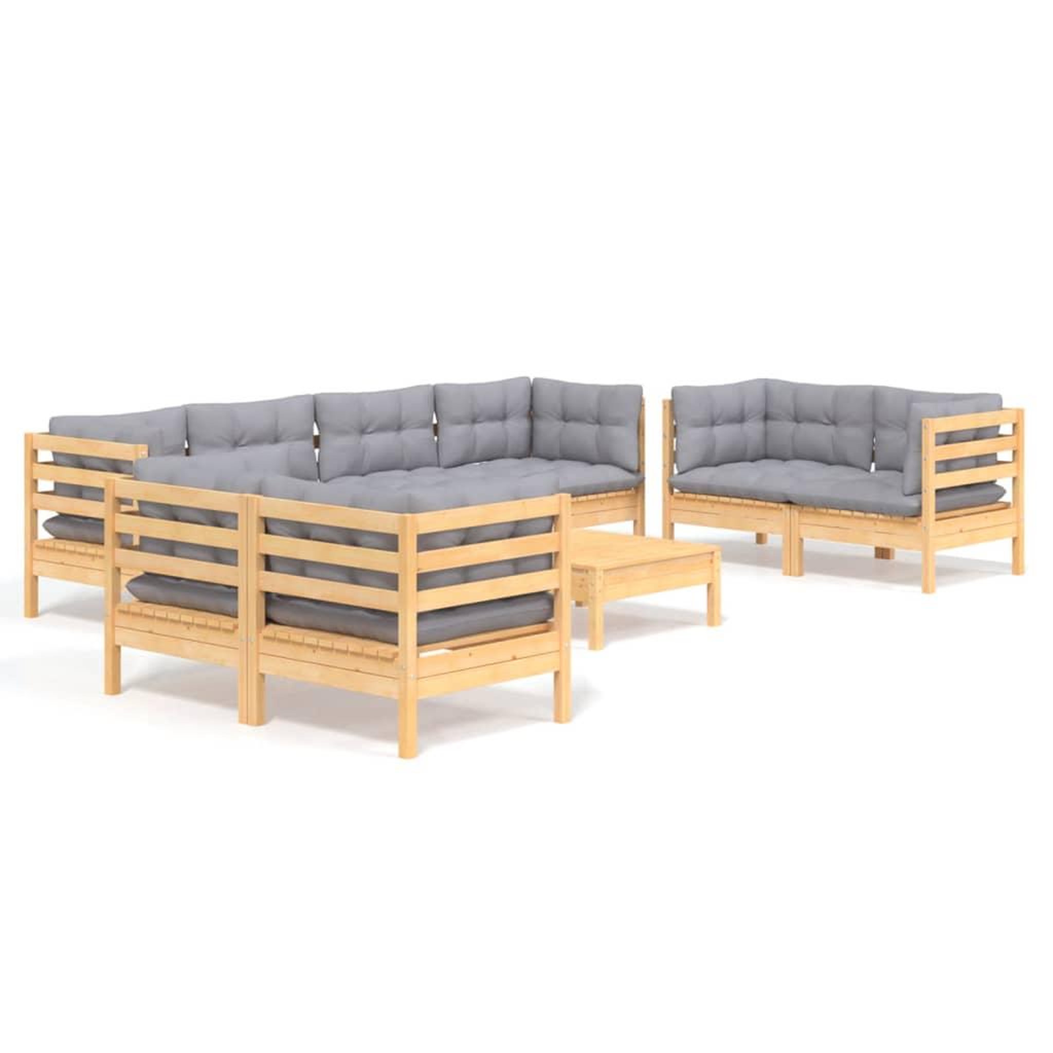 Voir la diapositive 2 : VIDAXL Salon de jardin 9 pcs avec coussins gris bois de pin massif