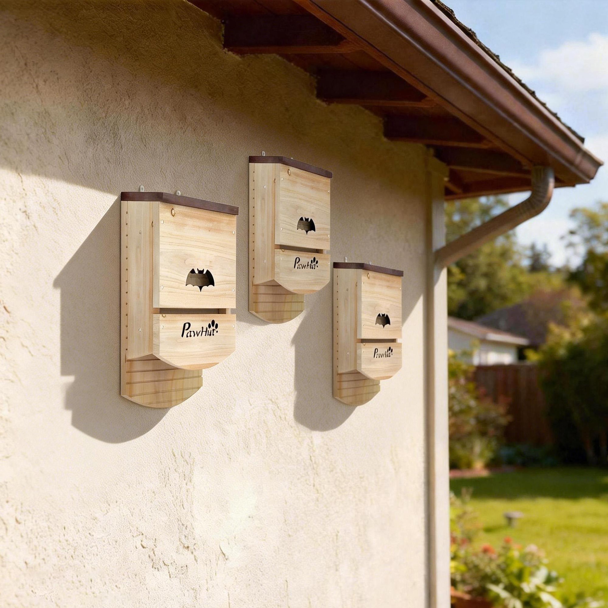 Voir la diapositive 2 : PAWHUT Lot de 3 nichoirs chauve-souris plateforme et 2 chambres bois marron