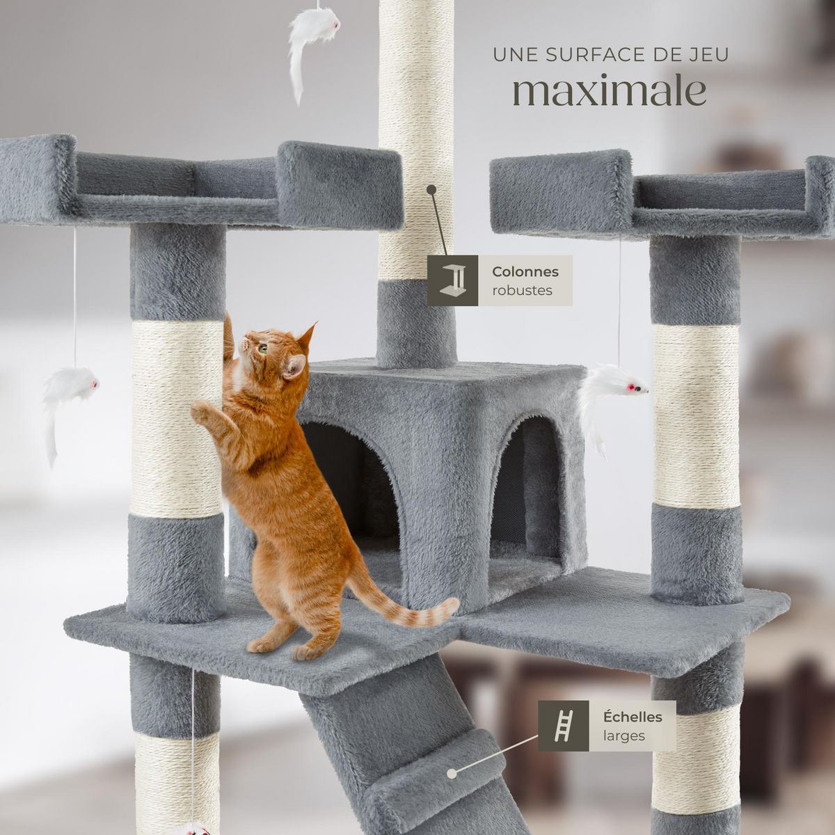 tectake Arbre à chat 170 cm avec griffoir et plateforme d'escalade gris