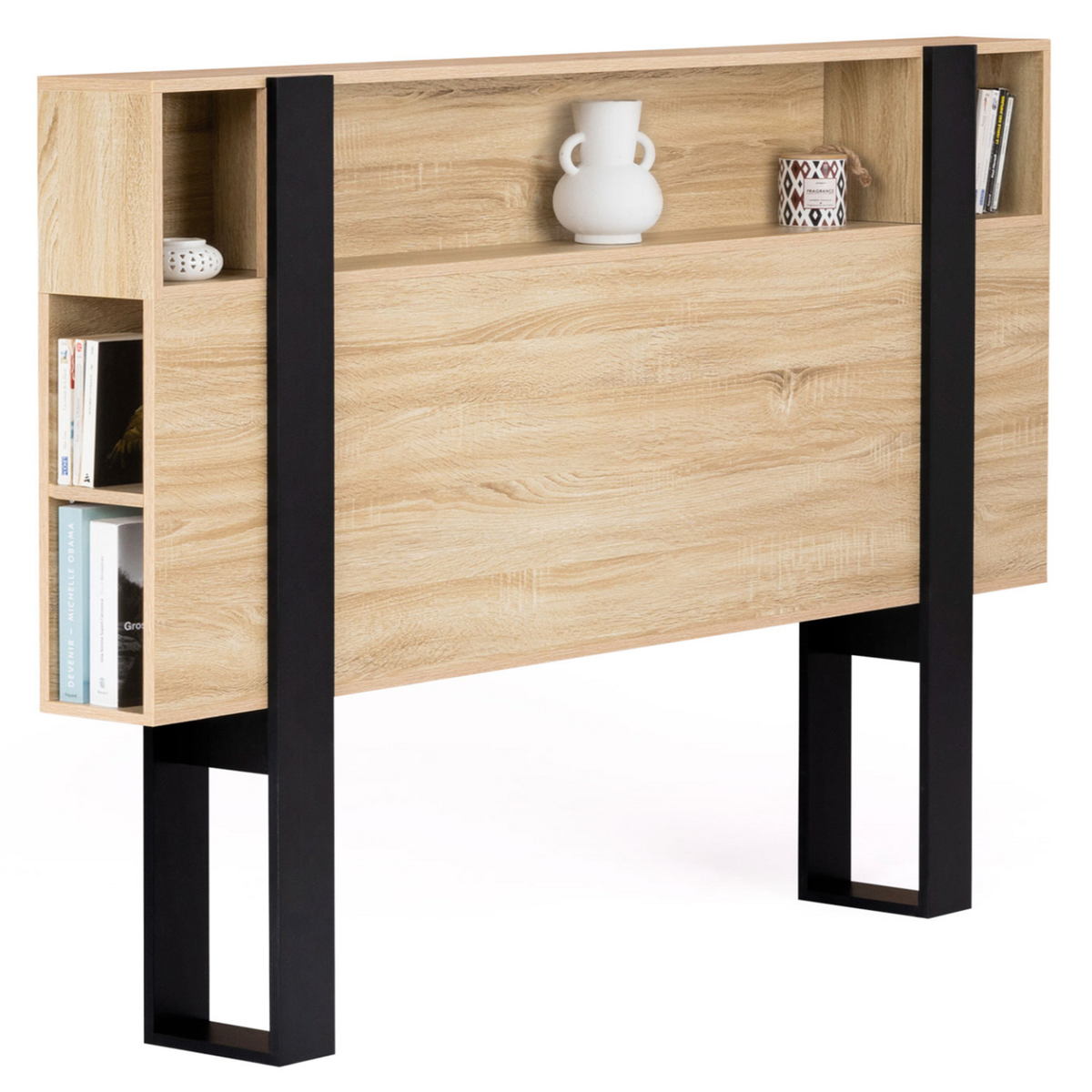ID MARKET Tête de lit sur pied PHOENIX 160 cm avec rangements bois et noir