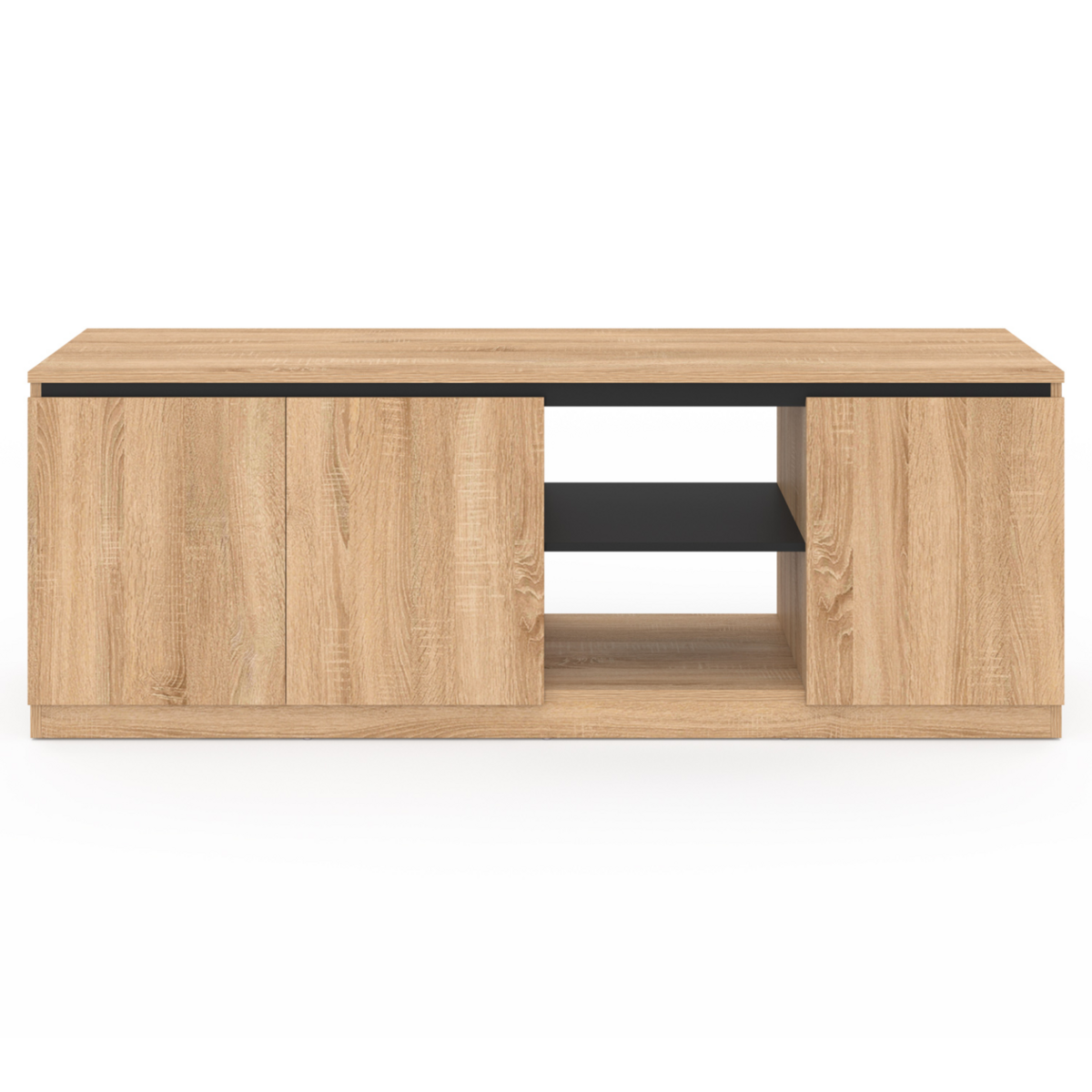 ID MARKET Meuble TV TOMI 3 portes bois façon hêtre et noir 140 cm