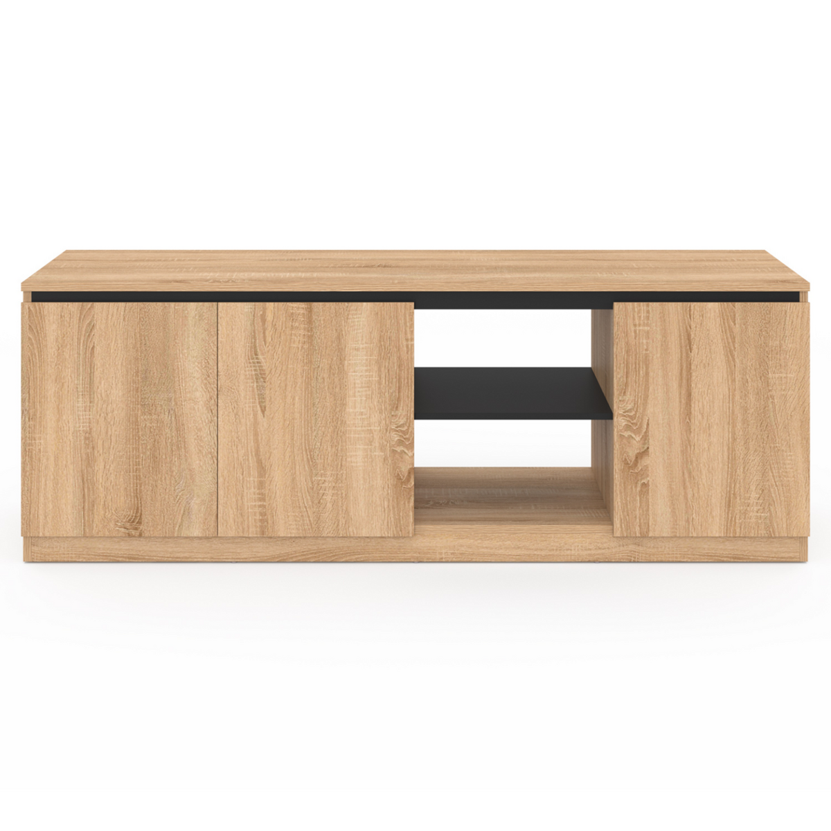 ID MARKET Meuble TV TOMI 3 portes bois façon hêtre et noir 140 cm
