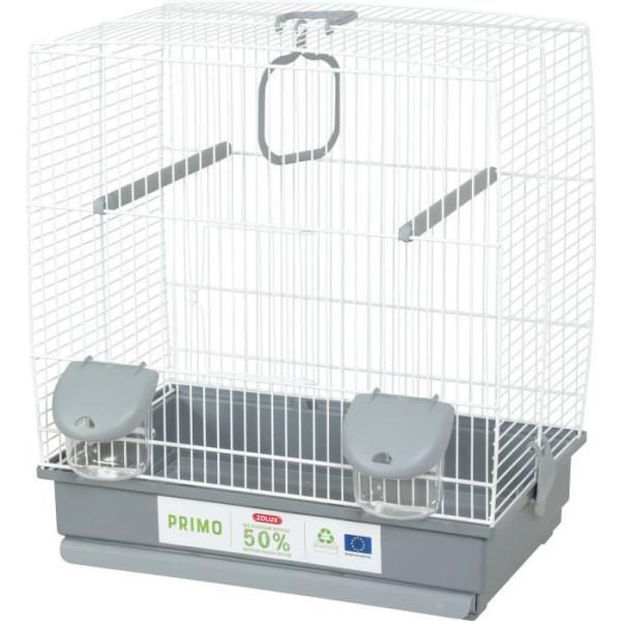 Zolux Cage pour oiseaux - Carla - Plastique recyclé - 2 perchoirs - 2 mangeoires - Balançoire