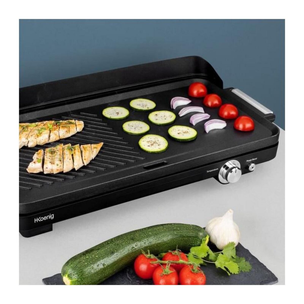 HKOENIG HKoeNIG GRX330 - Plancha double zones - 50x25cm - 1800W - Revetement anti-adhésif - Fonction turbo zone grill - Thermostat ajus