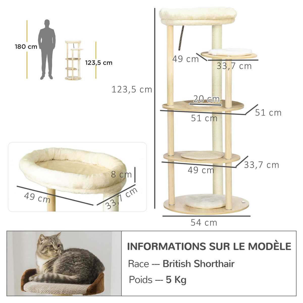 PAWHUT Arbre à chat style nordique griffoir sisal naturel 4 plateformes coussins panier d'observation amovible bois pin panneaux bois clair