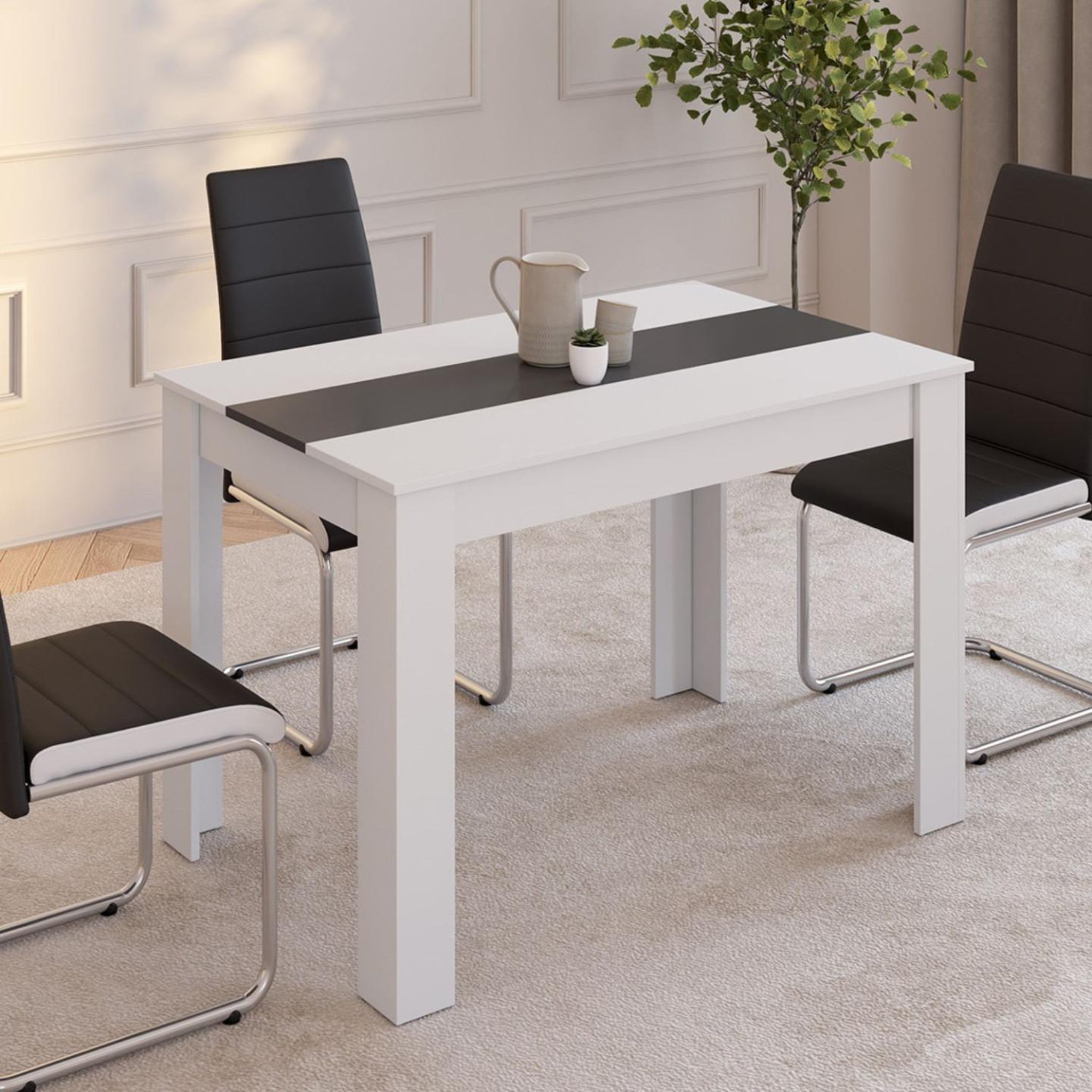 Voir la diapositive 2 : ID MARKET Table à manger rectangle ROZY 4 personnes blanche et grise 110 cm