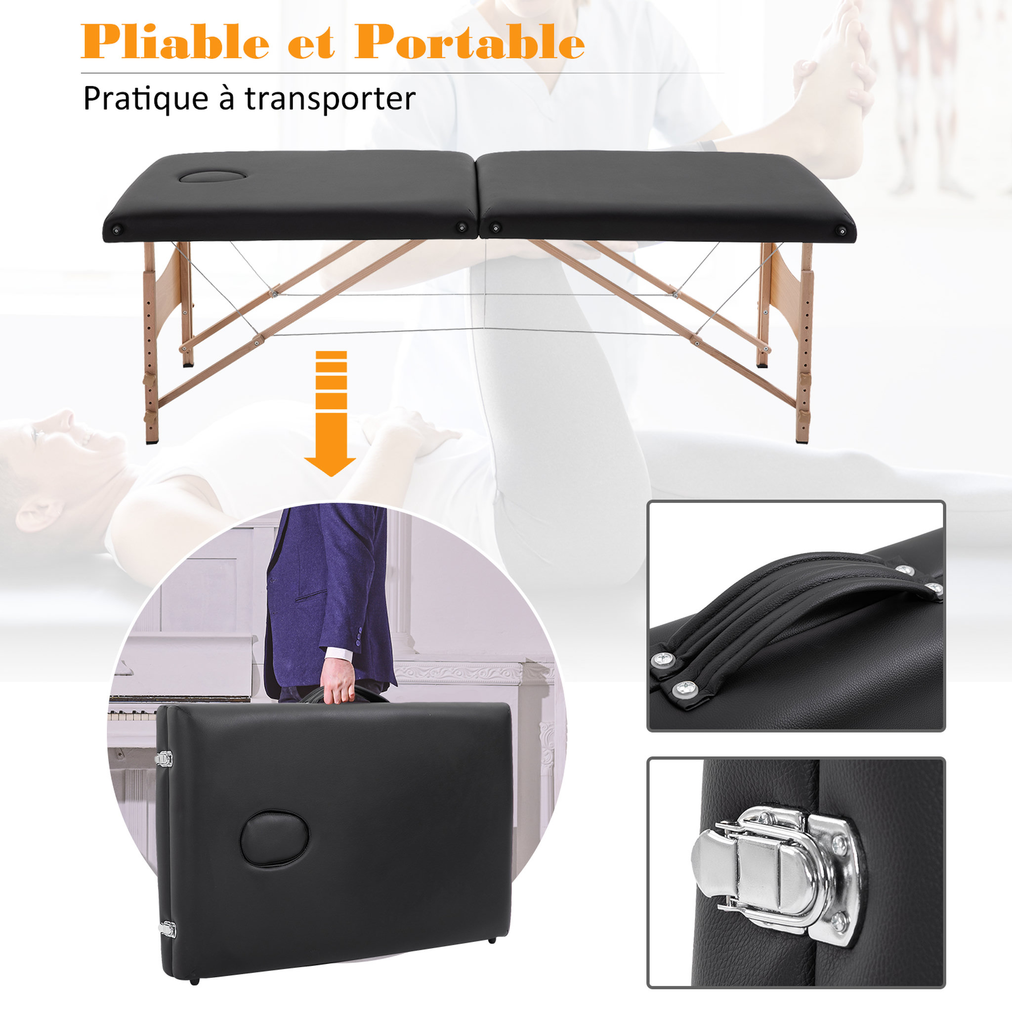 Voir la diapositive 4 : HOMCOM Table de massage pliante lit table de beauté 2 zones portable sac de tranport inclus hauteur réglable dim. 186L x 60l x 58-81H cm bois massif revêtement synthétique noir