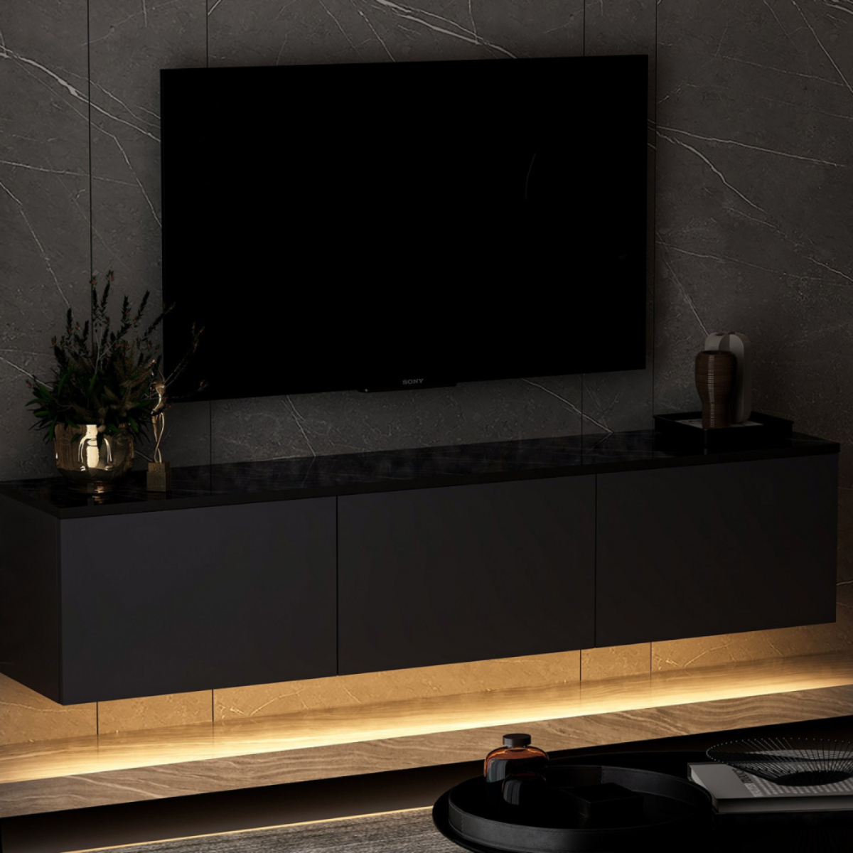 CONCEPT USINE Meuble TV contemporain anthracite avec rangement 160 cm NAEL