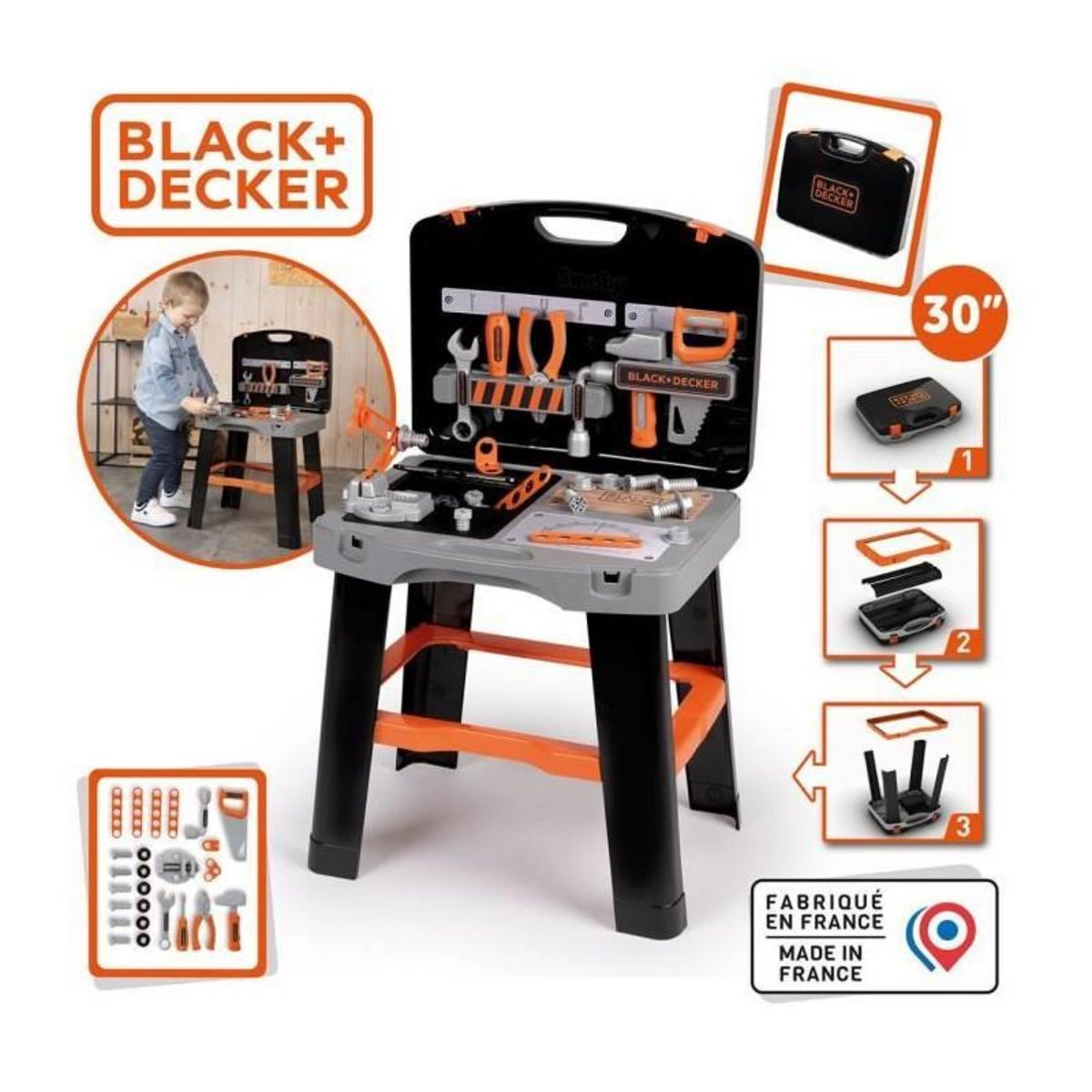SMOBY Smoby - Black and Decker -Etabli Bricolo Smart - Jeu d'imitation - Mallette qui se transforme en établi - 33 accessoires inclus