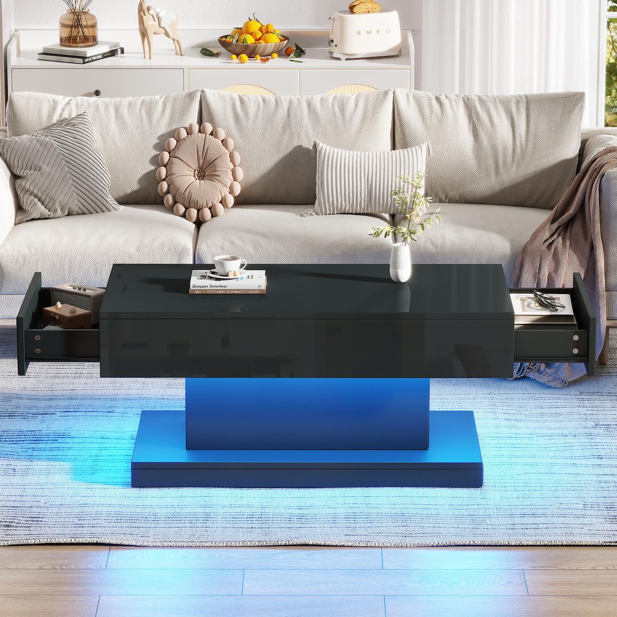 MERAX Table basse rectangulaire noir avec 2 tiroirs - 50x100 cm led panneau de particules