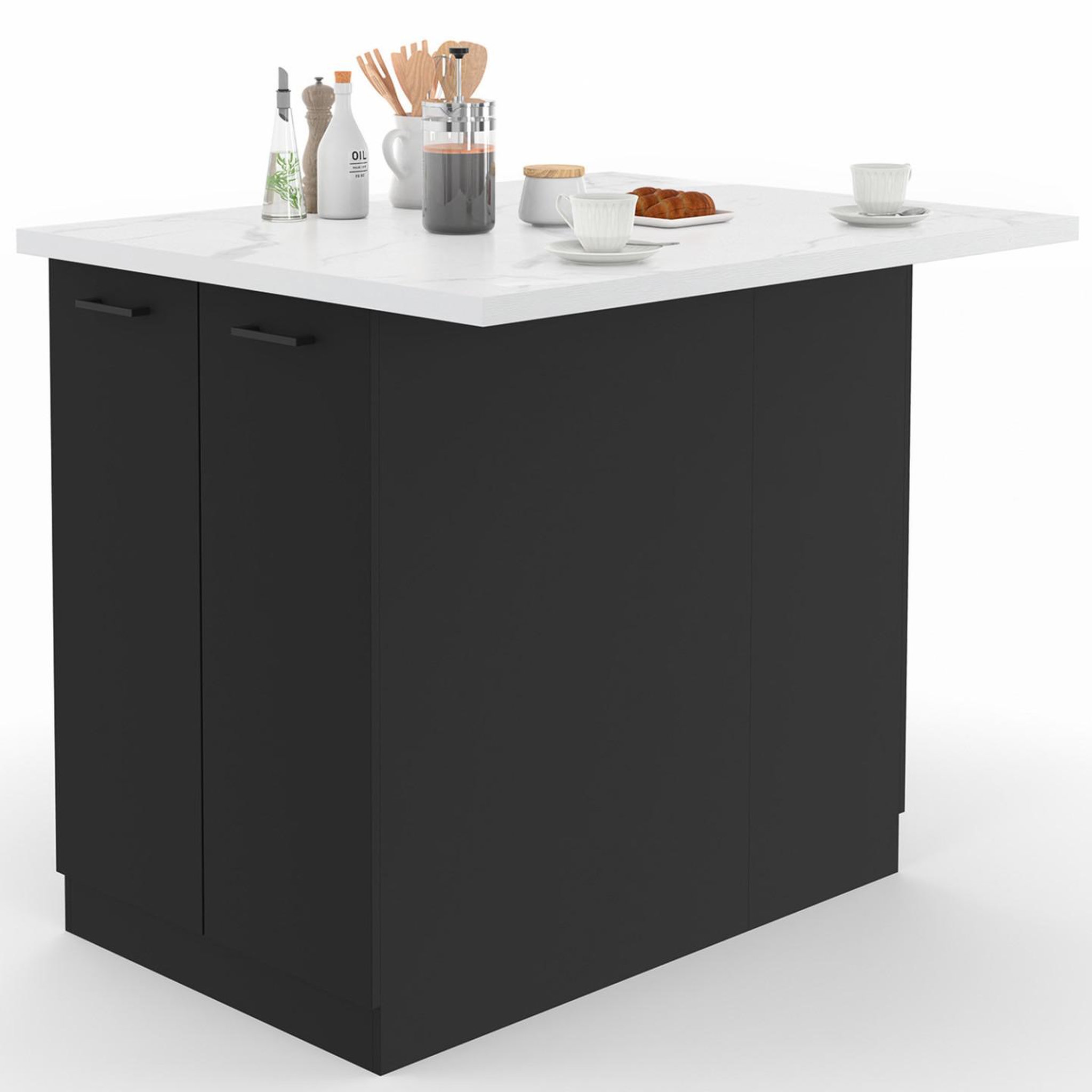 ID MARKET Ilot central ivo 100 cm bois noir avec plan de travail effet marbre alaska