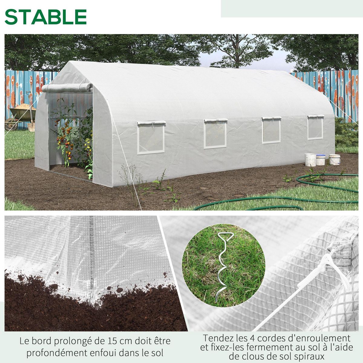 OUTSUNNY Serre tunnel grande taille 17,85 m² châssis tubulaire acier galvanisé renforcé 2,4 cm 8 fenêtres 1 porte blanc