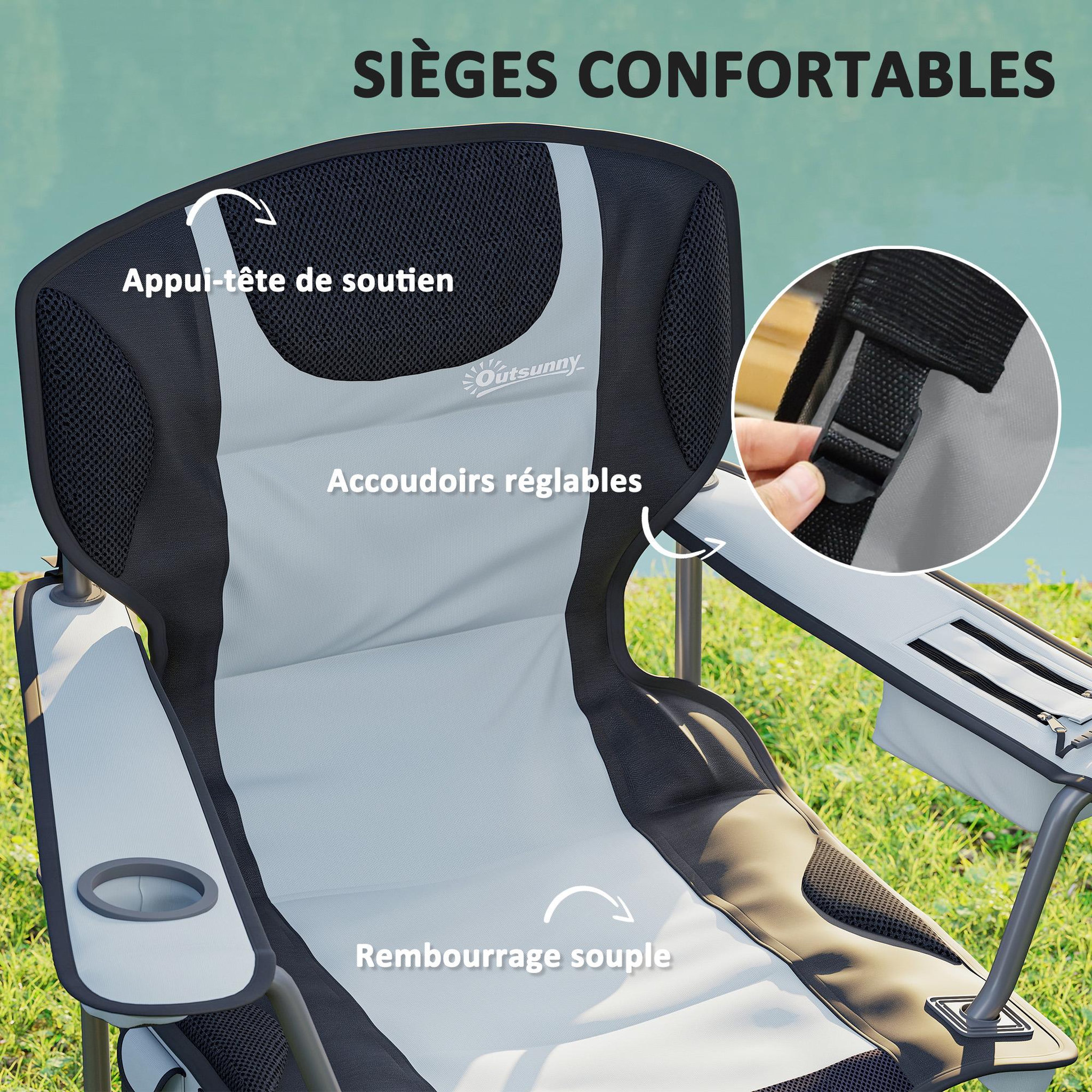 Voir la diapositive 5 : OUTSUNNY Chaise de camping pliante rembourrée - porte-gobelets, poches latérales rangement, sac isotherme - sac transport inclus - gris noir
