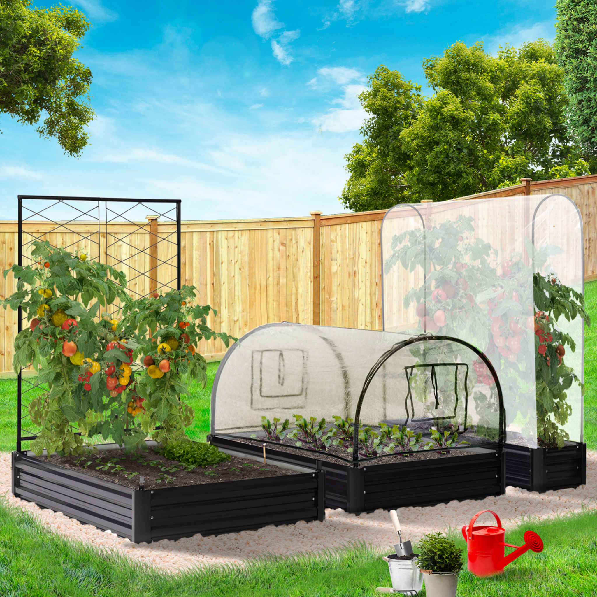 Voir la diapositive 2 : ID MARKET Kit complet 3 bacs métal modulables carrés potager et serre à tomates + treillis + housse