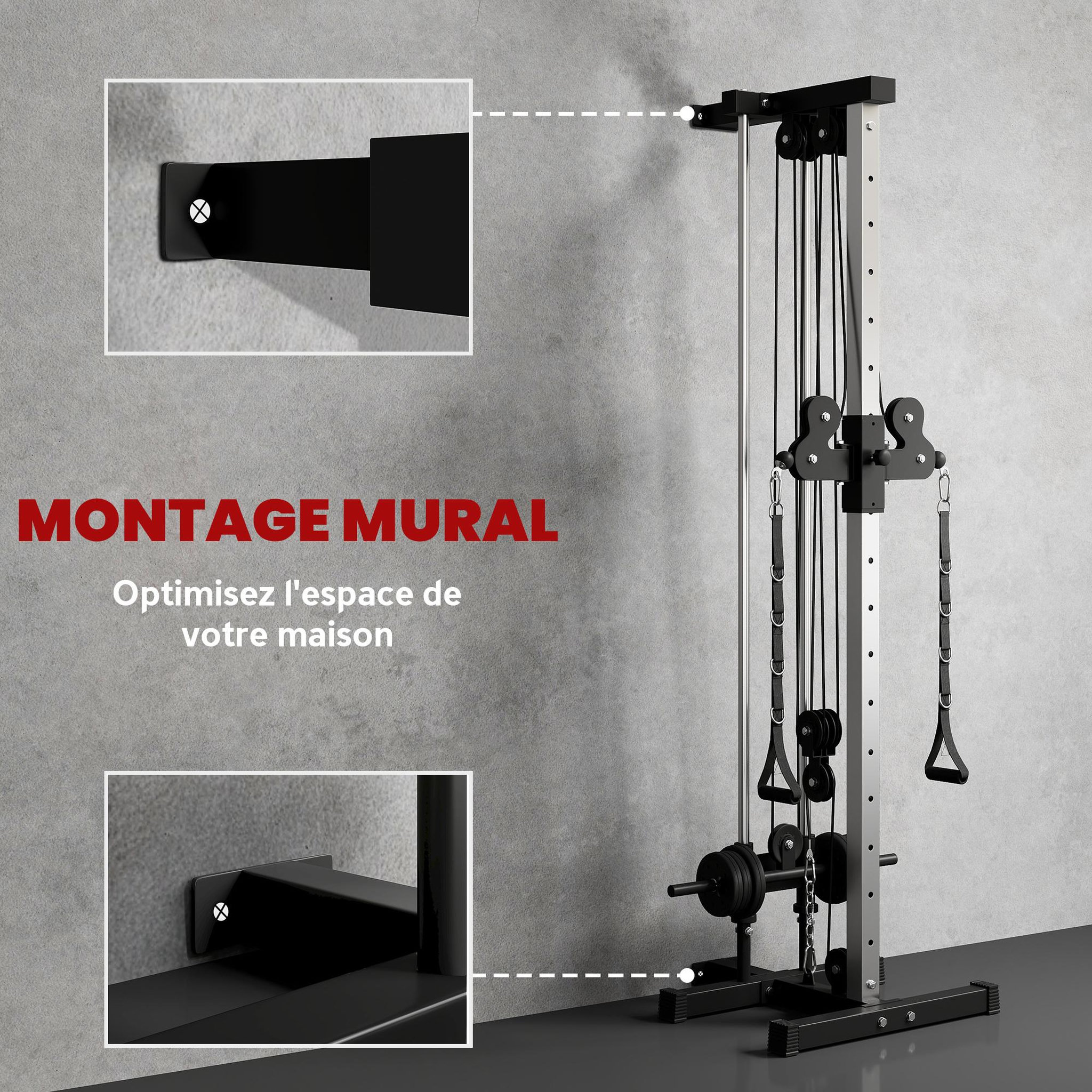 Voir la diapositive 4 : HOMCOM Station de musculation montage mural - double poulie, tirage poitrine, lat pulldown - acier gris noir