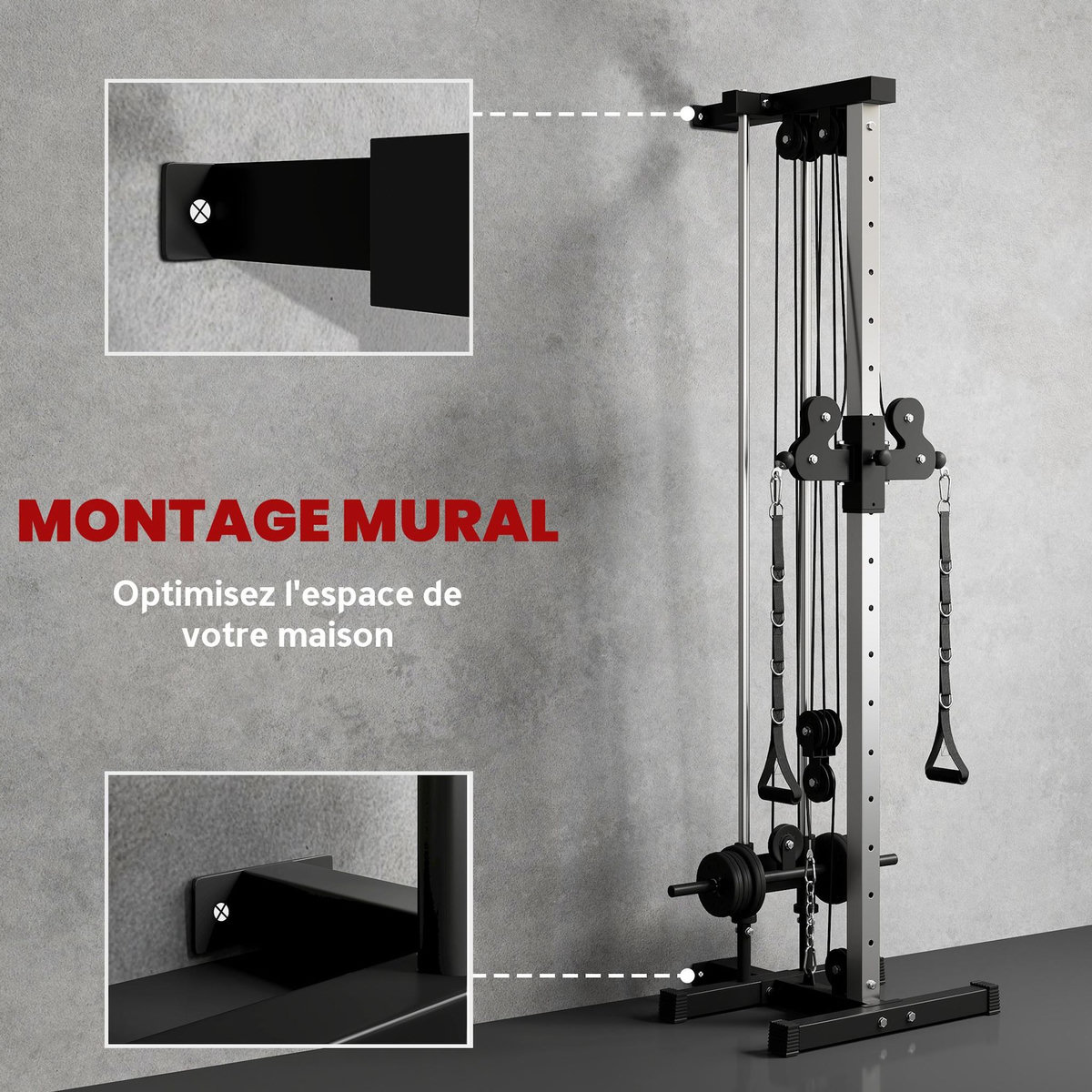 HOMCOM Station de musculation montage mural - double poulie, tirage poitrine, lat pulldown - acier gris noir