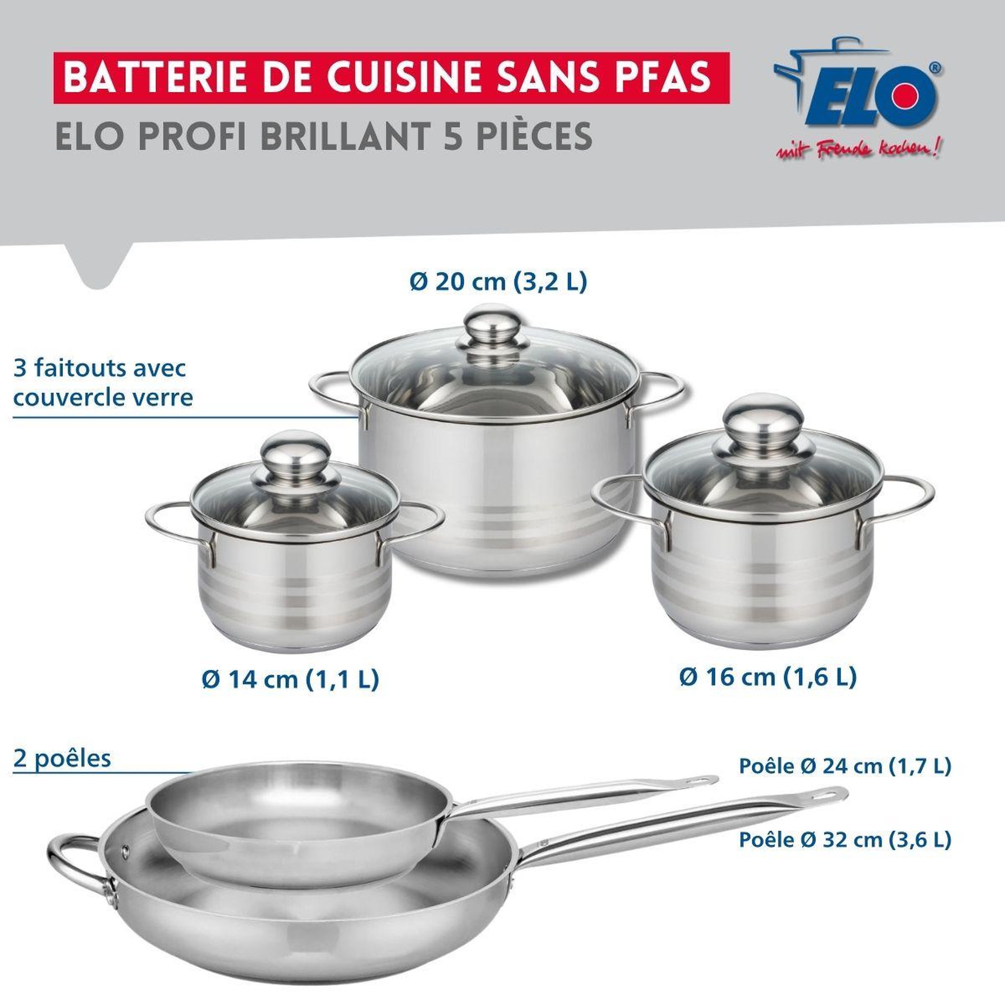 Voir la diapositive 2 : ELO Ensemble de 2 Poêles de cuisson 24 et 32 cm et 3 faitouts 14, 16 et 20 cm Elo Profi Brillant