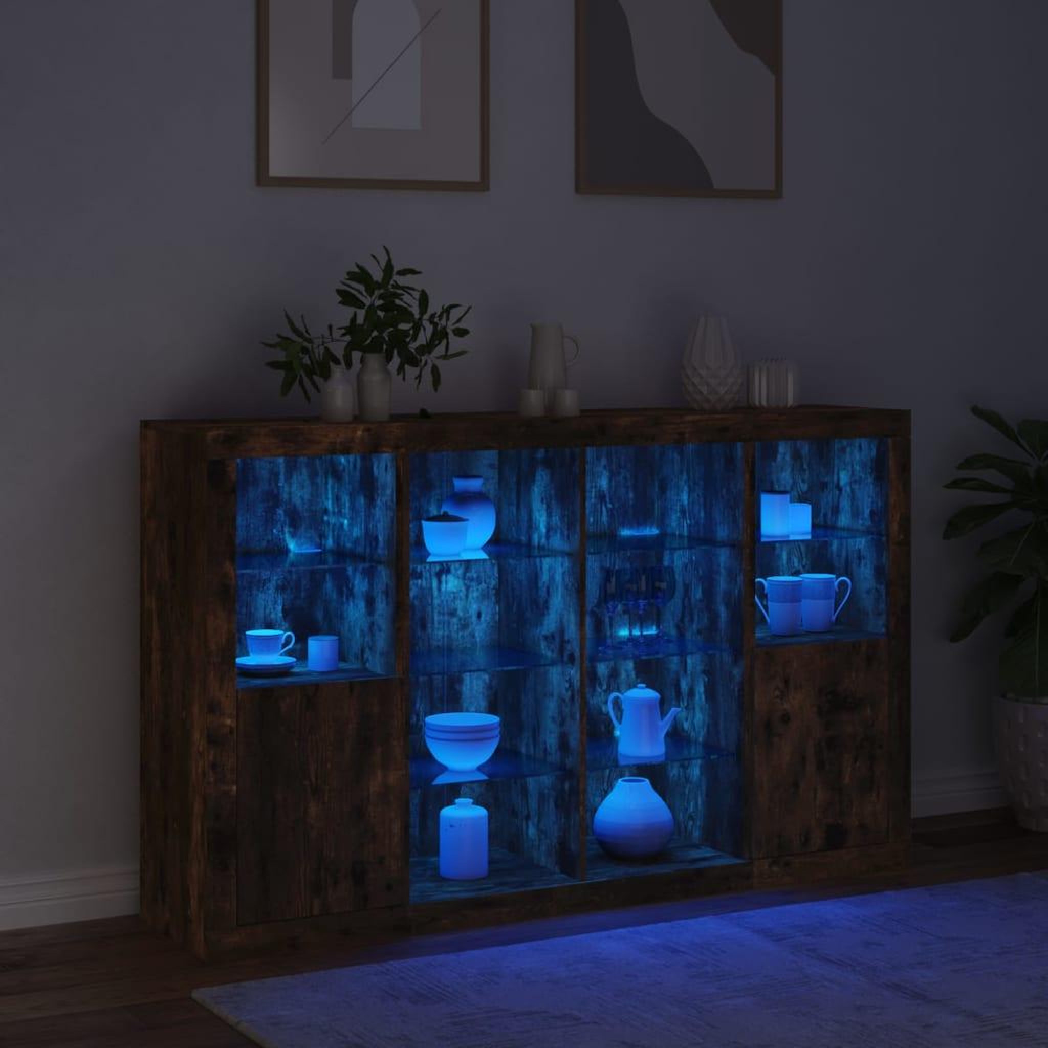 Voir la diapositive 3 : VIDAXL Buffets avec lumieres LED 3 pcs chene fume bois d'ingenierie
