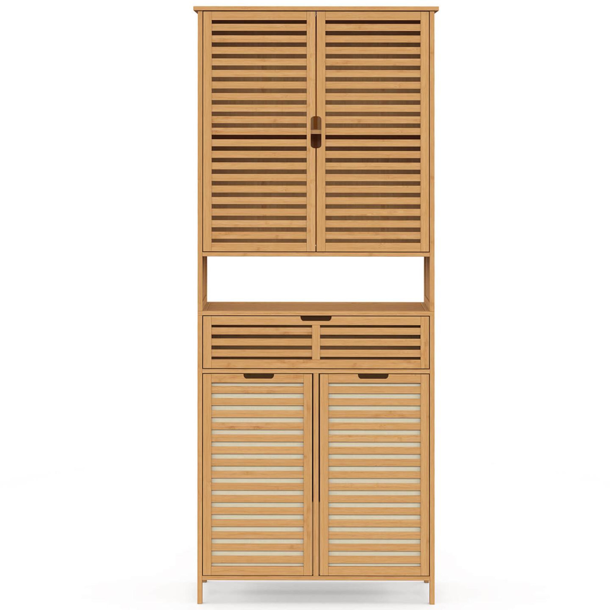 Voir la diapositive 3 : ID MARKET Meuble armoire colonne salle de bain bambou BEA 4 portes avec 2 paniers à linge amovibles 1 tiroir
