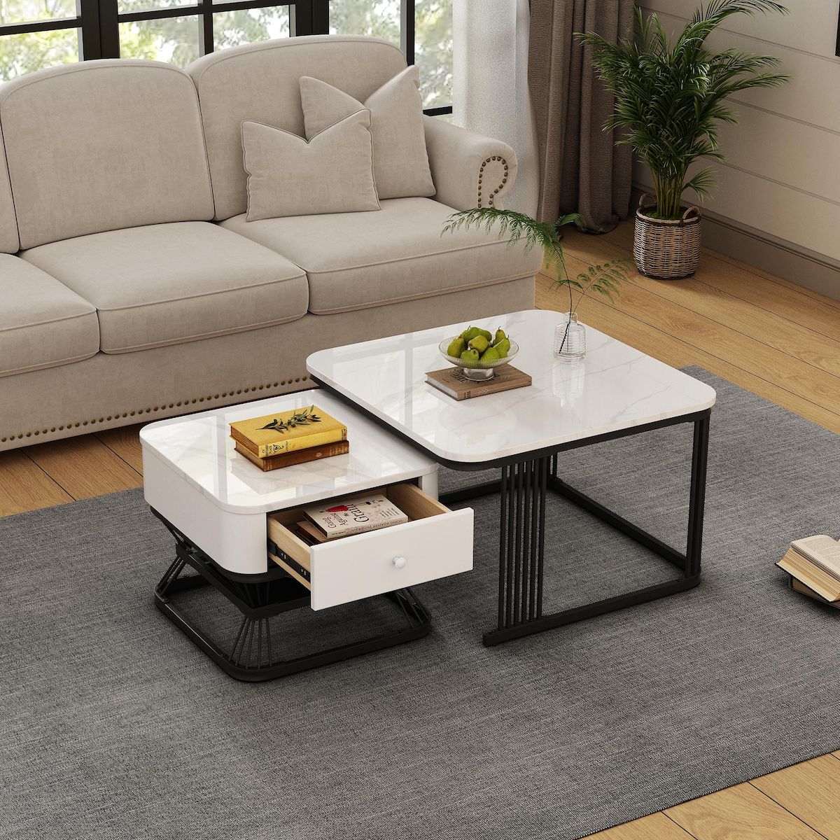 MERAX Lot de 2 tables basses gigognes carrées blanc - 70x70 cm mdf