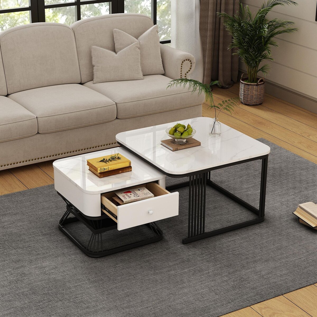 MERAX Lot de 2 tables basses gigognes carrées blanc - 70x70 cm mdf