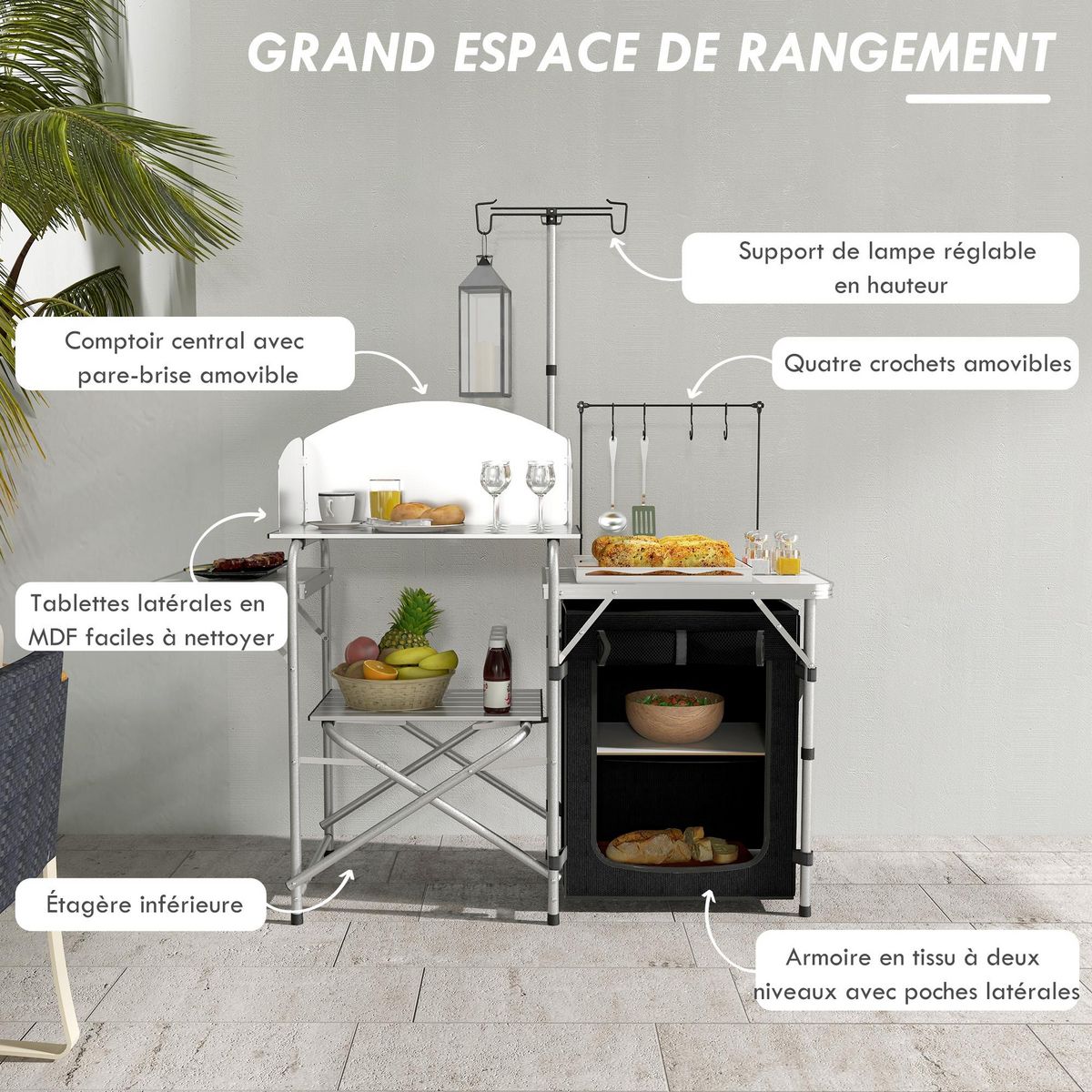 OUTSUNNY Rangement cuisine de camping pliable étagères tablette station de cuisson alu tissu noir