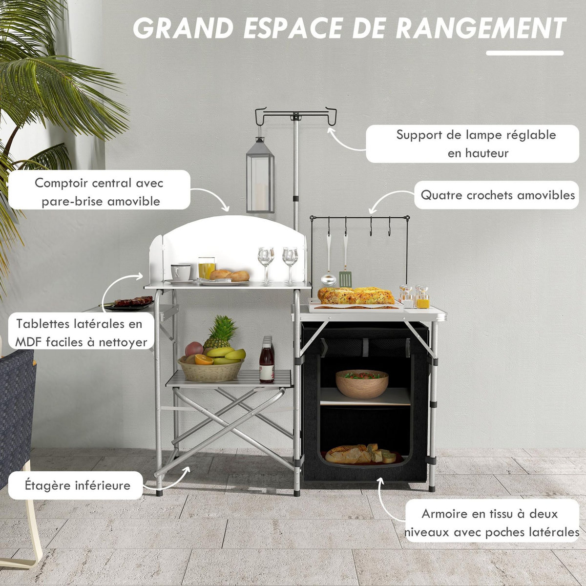 OUTSUNNY Rangement cuisine de camping pliable étagères tablette station de cuisson alu tissu noir