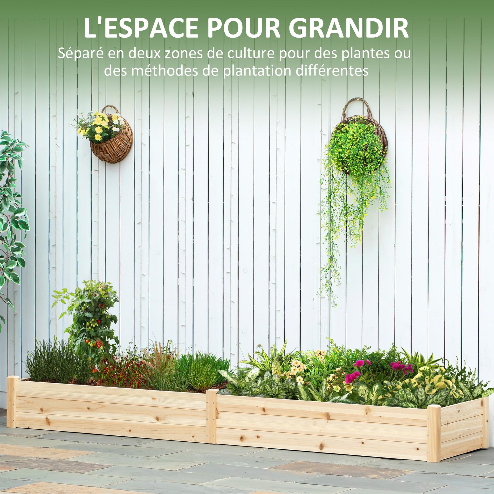 Voir la diapositive 4 : OUTSUNNY Carré potager de jardin dim. 244 x 61,5 x 27 cm feutre de drainage, séparation inclus bois de sapin