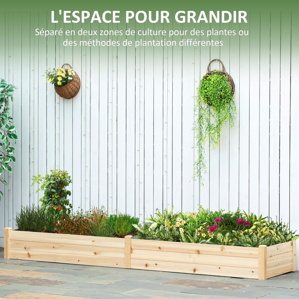 OUTSUNNY Carré potager de jardin dim. 244 x 61,5 x 27 cm feutre de drainage, séparation inclus bois de sapin