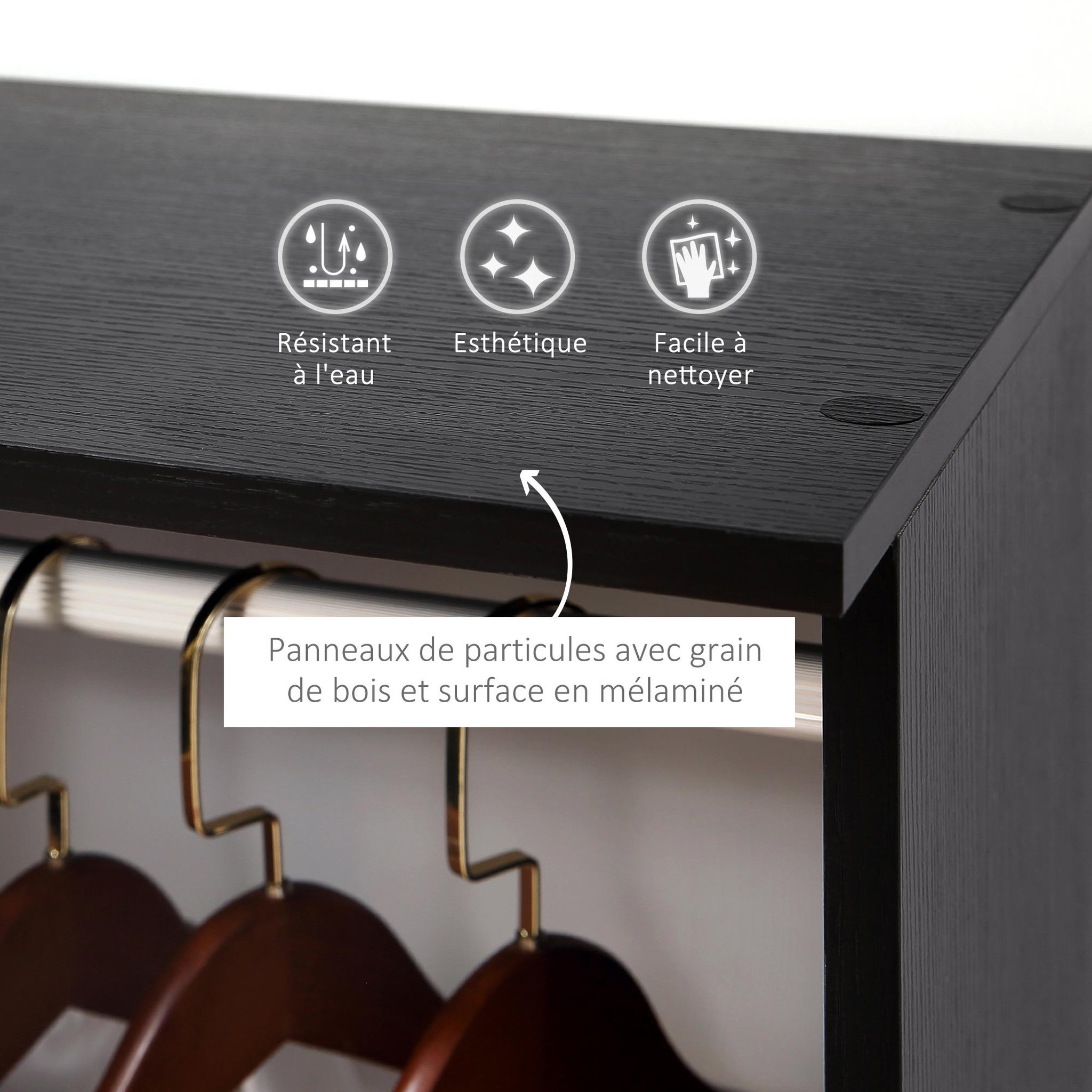 Voir la diapositive 4 : HOMCOM Armoire penderie meuble de rangement mobile 6 roulettes 120L x 40l x 128H cm panneaux de particules aspect bois noir