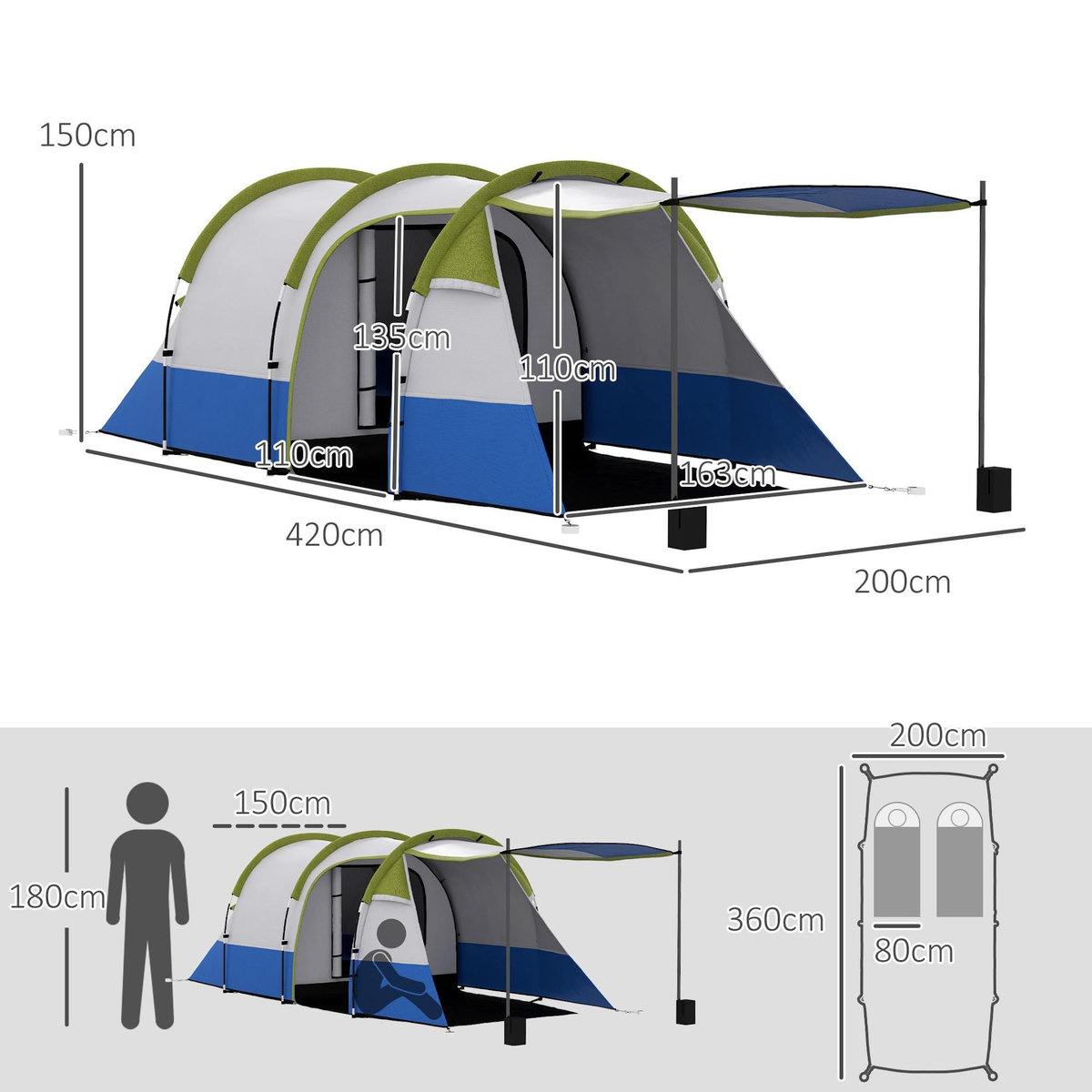 OUTSUNNY Tente de camping 2-3 pers. porche étanche 2000 mm 3 portes sac de transport vert