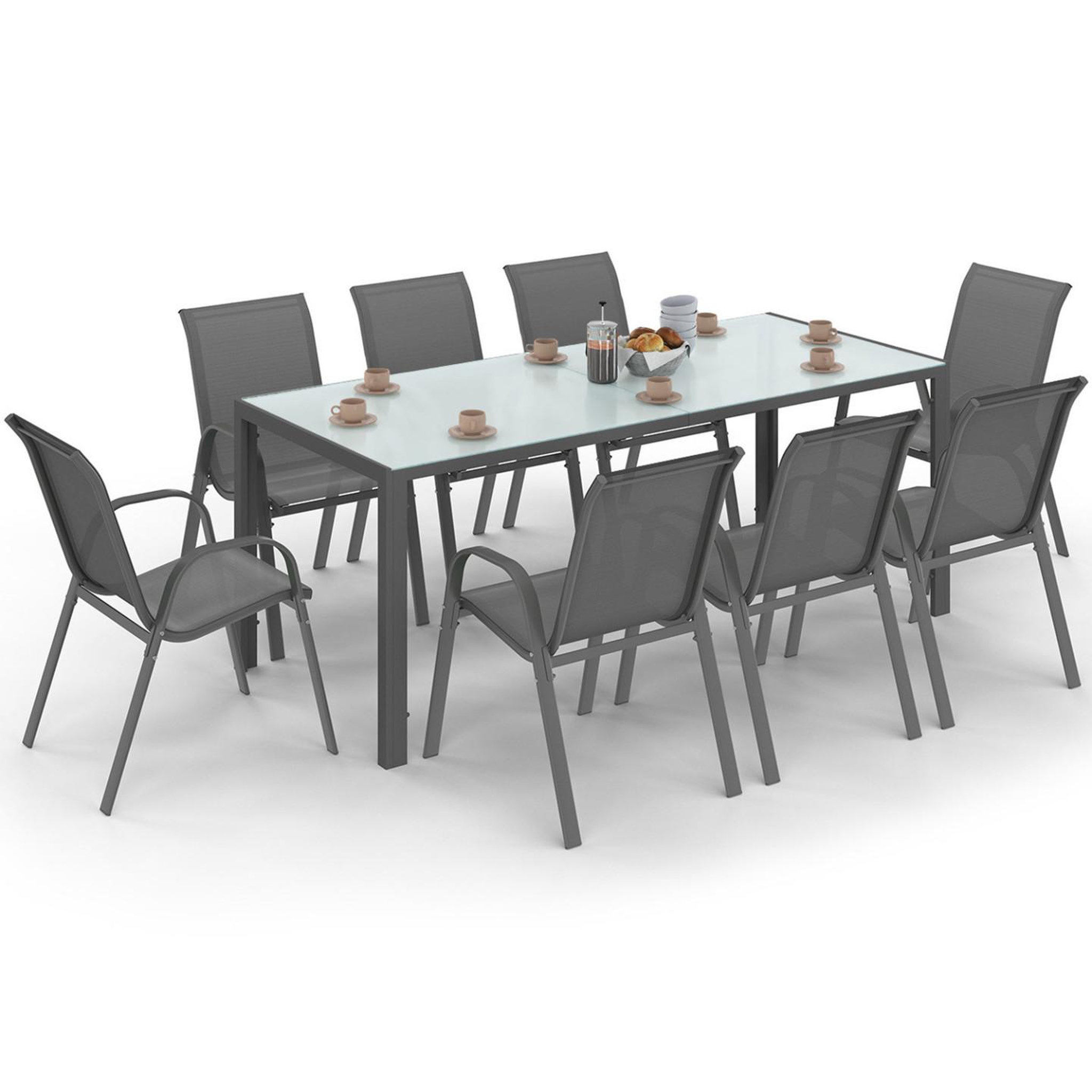 ID MARKET Salon de jardin madrid table 190 cm et 8 chaises empilables gris anthracite plateau transparent