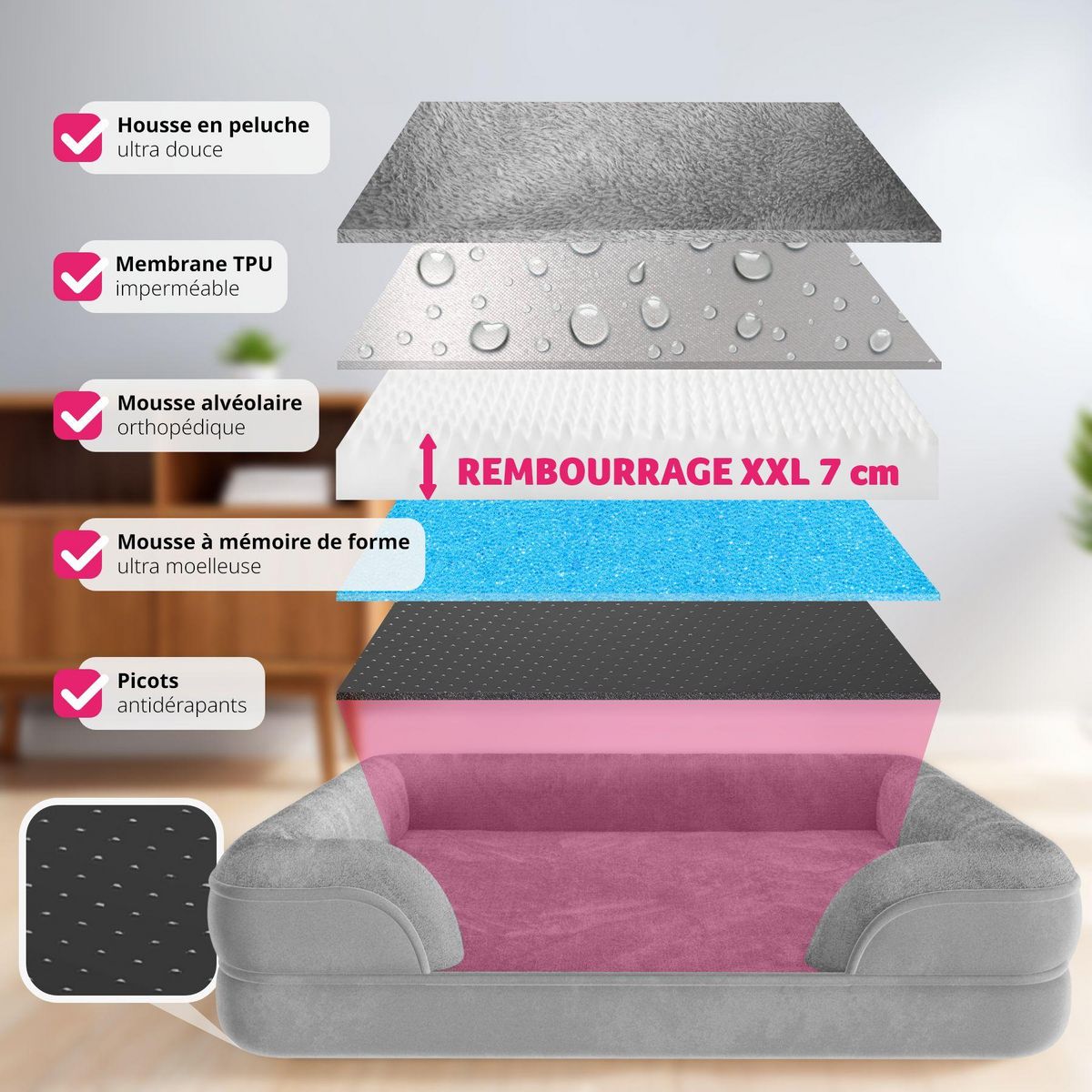 tectake Panier pour chien orthopédique avec housse en peluche déperlante et amovible gris L (94 x 72 x 18 cm)